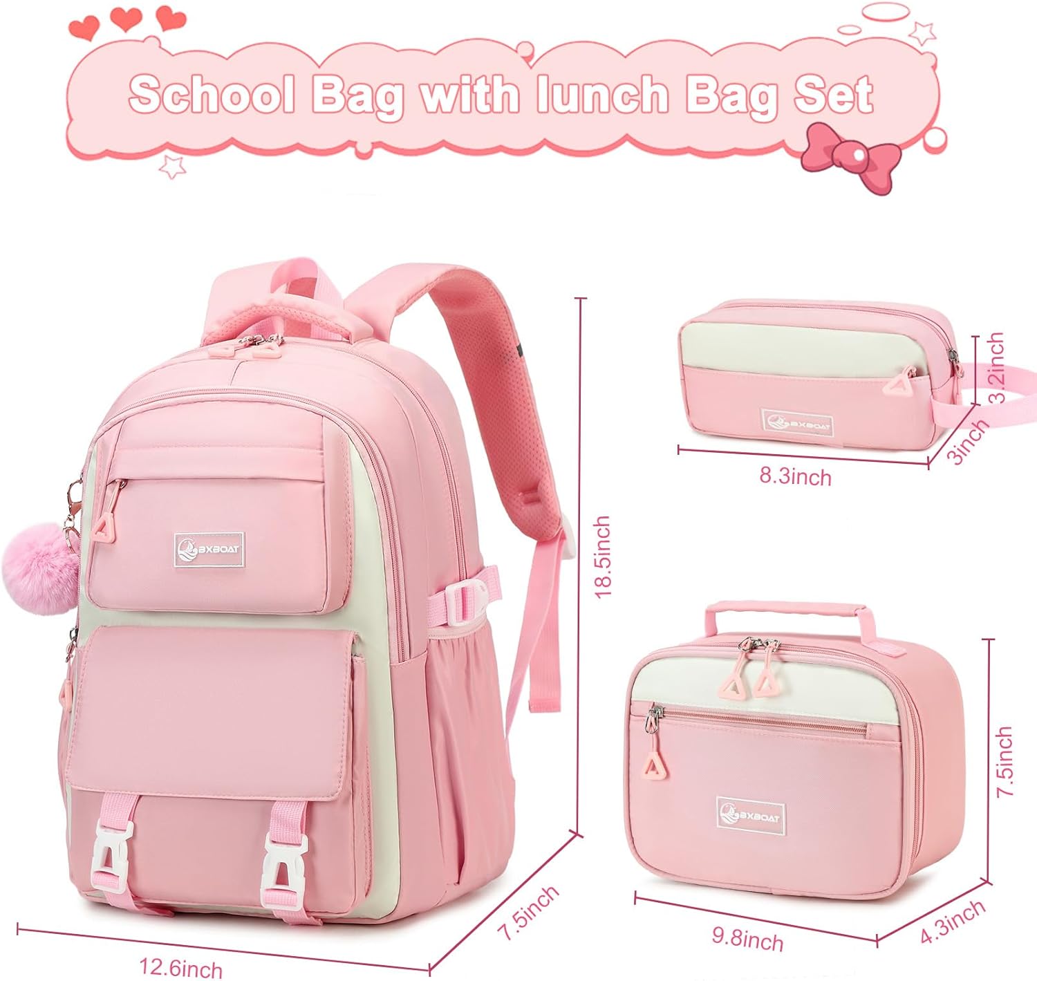 3PCS Girls Backpack for School, Kids Backpack for Girls with Lunch Bag & Pencil Pouch Set for Teen Girl Elementary Primary Middle High College School Bookbag (Pink) - Image 2