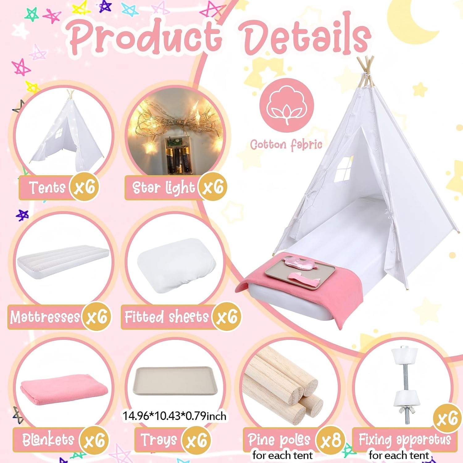 Windyun 6 Pack Kids Teepee Tent for Slumber Party Sleepover Tents for Girls Party with Air Mattress, Star Lights, Blankets Trays Sheets, Natural Cotton Toddler Play Teepee for Indoor Outdoor(White)
