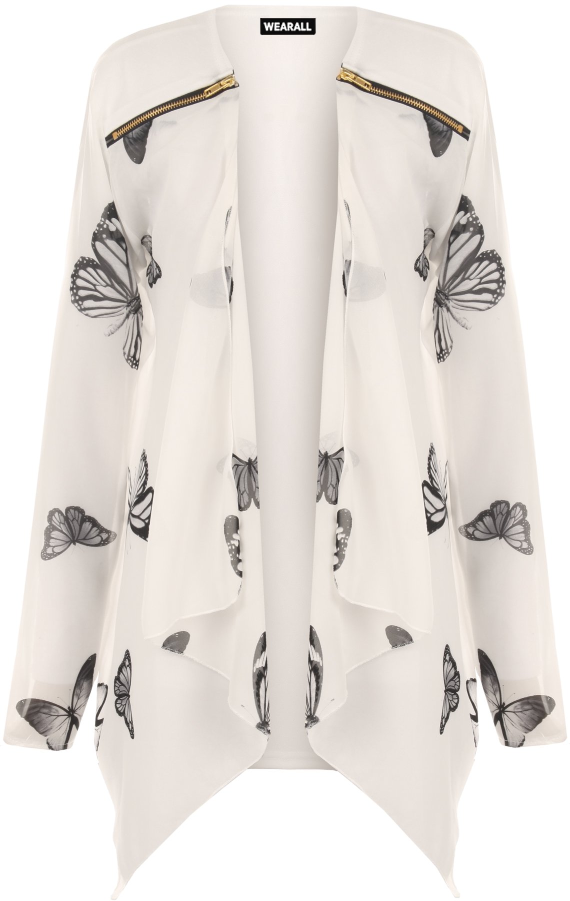 WearAll Women's Plus Long Sleeve Chiffon Butterfly Print Sheer Cardigan Top - Cream - 18