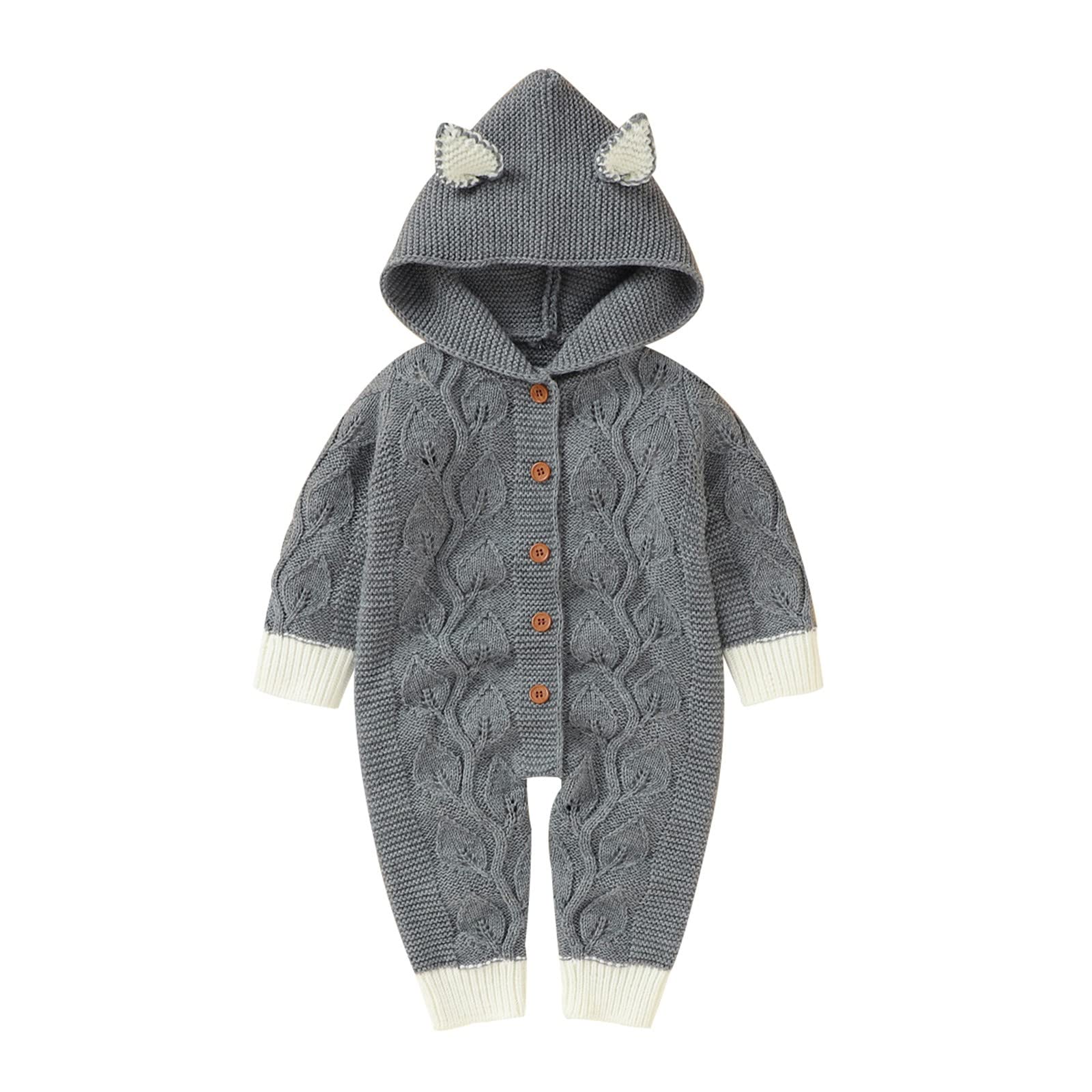 RNTOP Infant Baby Girl Boy Cable Knit Sweater Romper Hooded Jumpsuit Long Sleeve Sweaters Bodysuit (Grey, 12-18 Months)