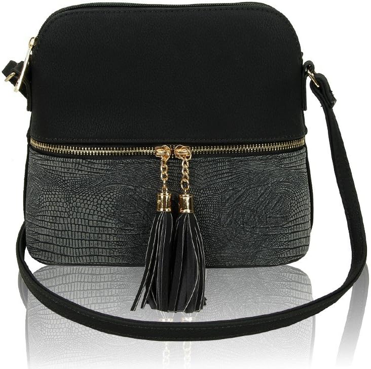 REDFOX Women's Mini Tassel Zip Trendy Snakeskin Floral Faux Leather Sling Crossbody Handbag