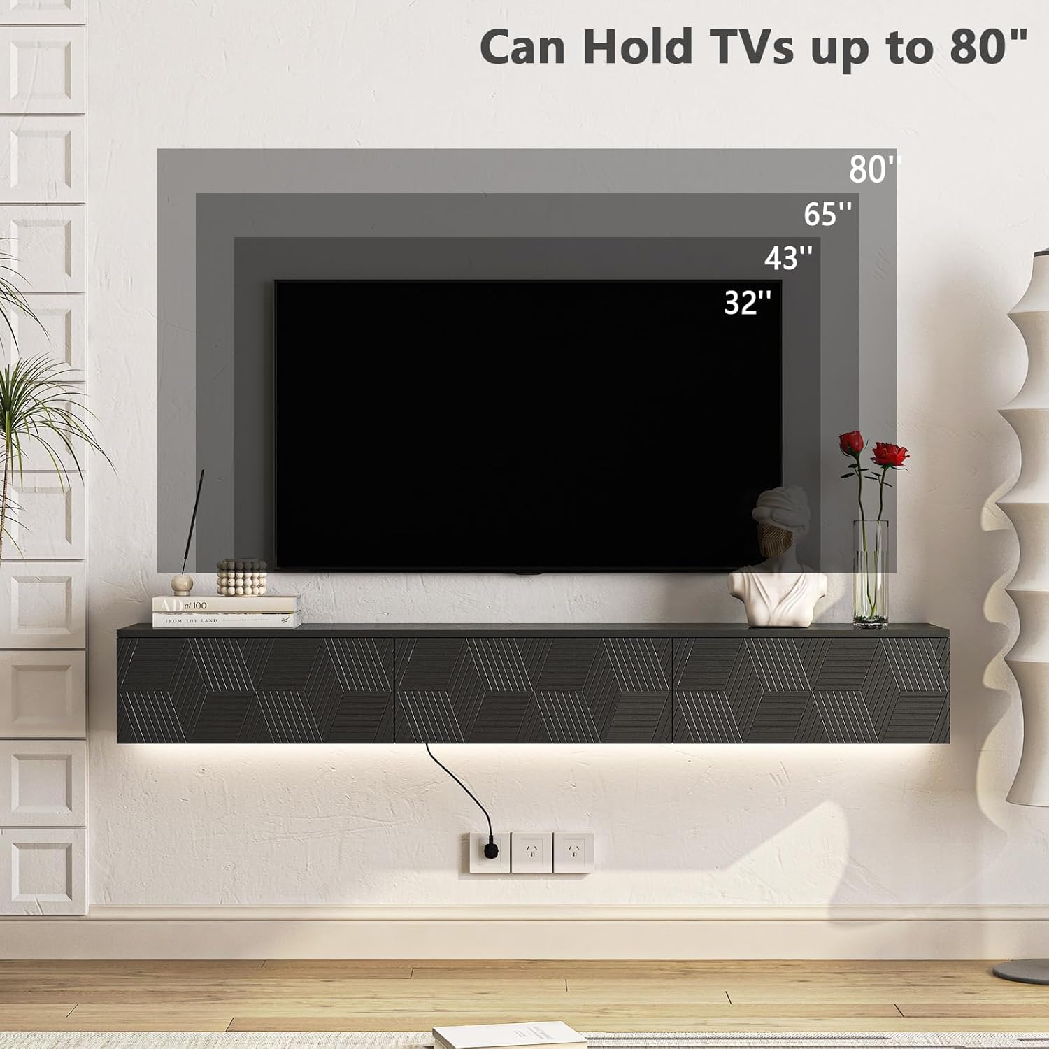 Floating TV Stand, Wall Mounted TV Shelf with Led Lights & Power Outlet, Marble Top Entertainment Center with Storage, 67'' Media Console TV Stands for Living Room, Bedroom, Black