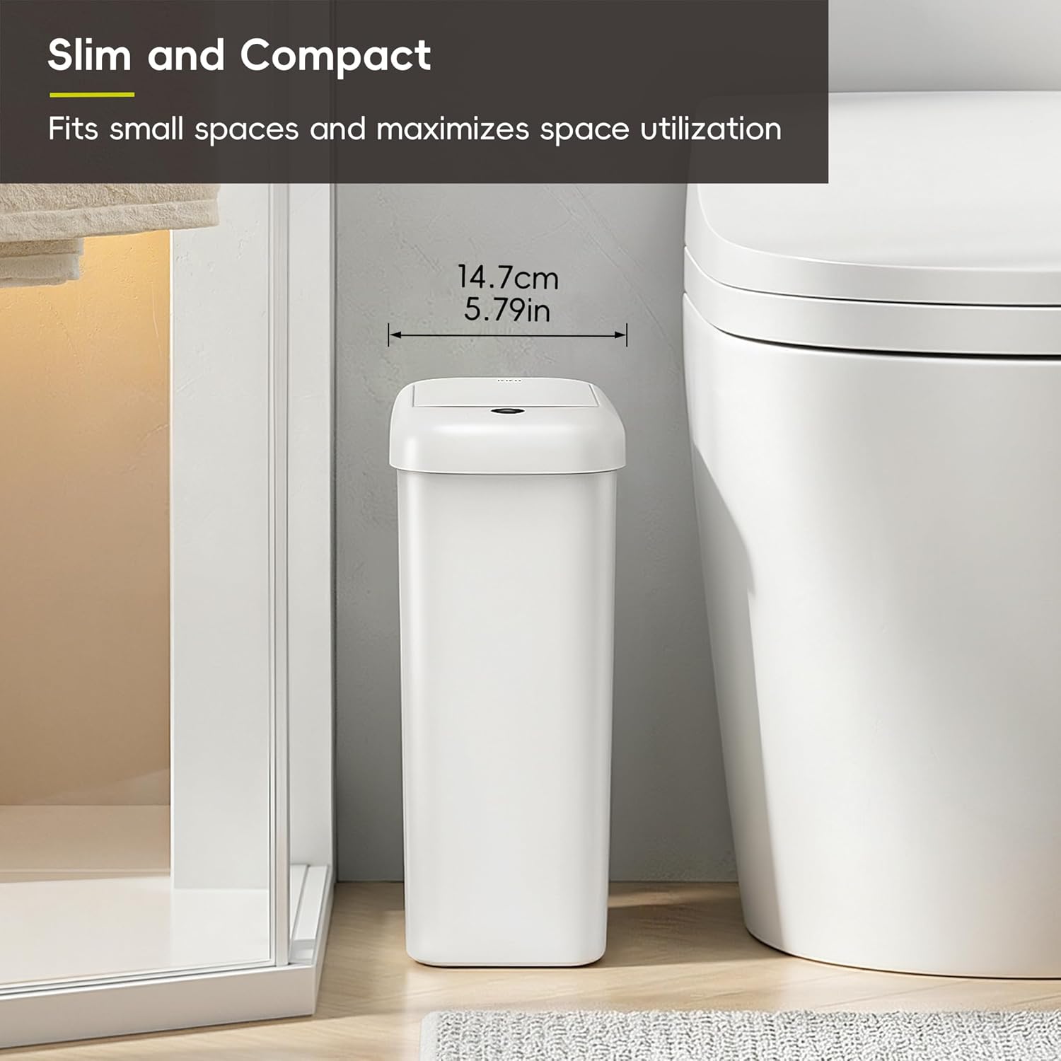 EKO Automatic Bathroom Trash Can with Lid, 2.6 Gallon Slim Touchless Garbage Can, Waterproof Motion Sensor Trash Bin for Bathroom, Office, Kitchen, White