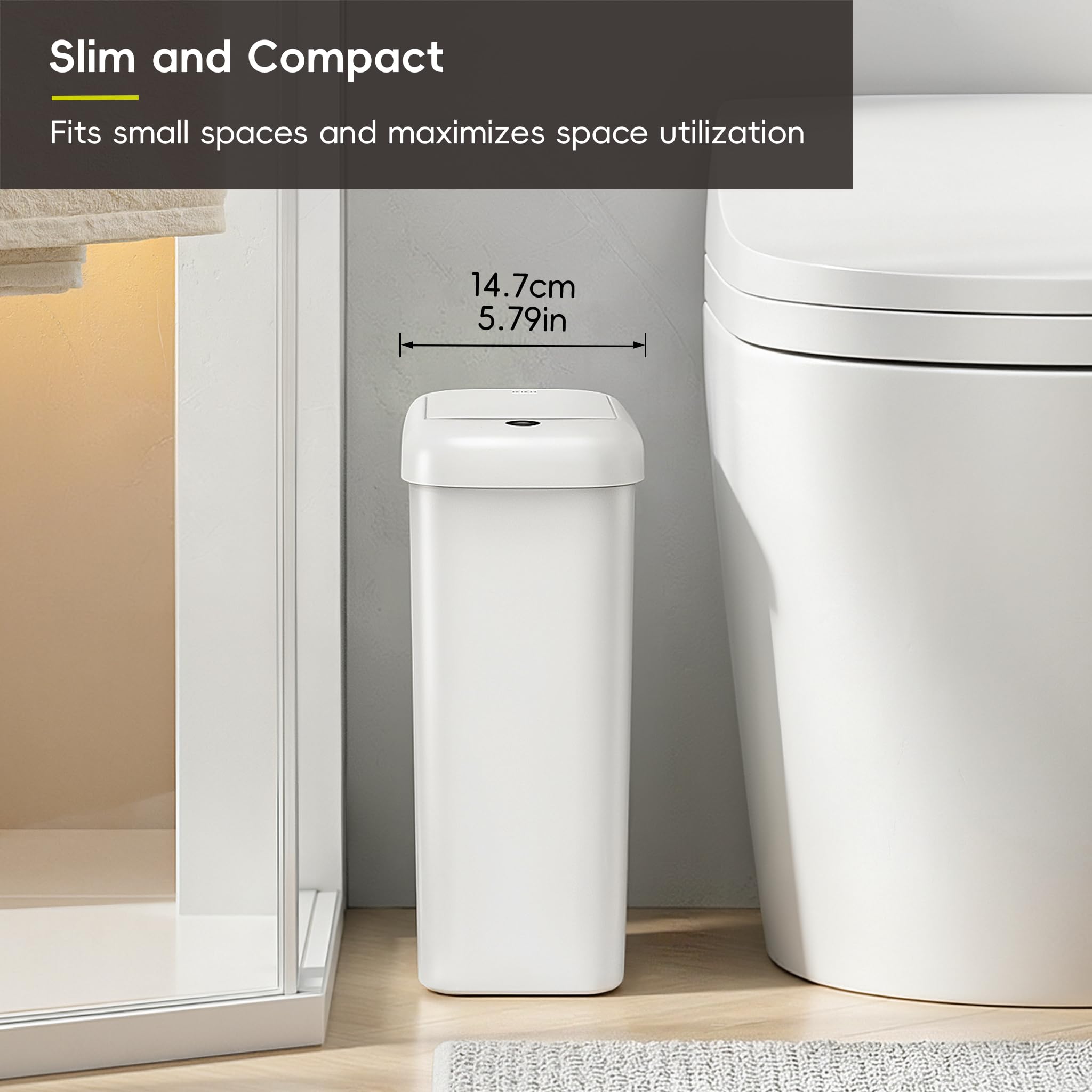 EKO Bote de basura automático para baño con tapa, cubo de basura delgado sin contacto de 2.6 galones, contenedor de basura impermeable con sensor de movimiento para baño, oficina, cocina, color blanco
