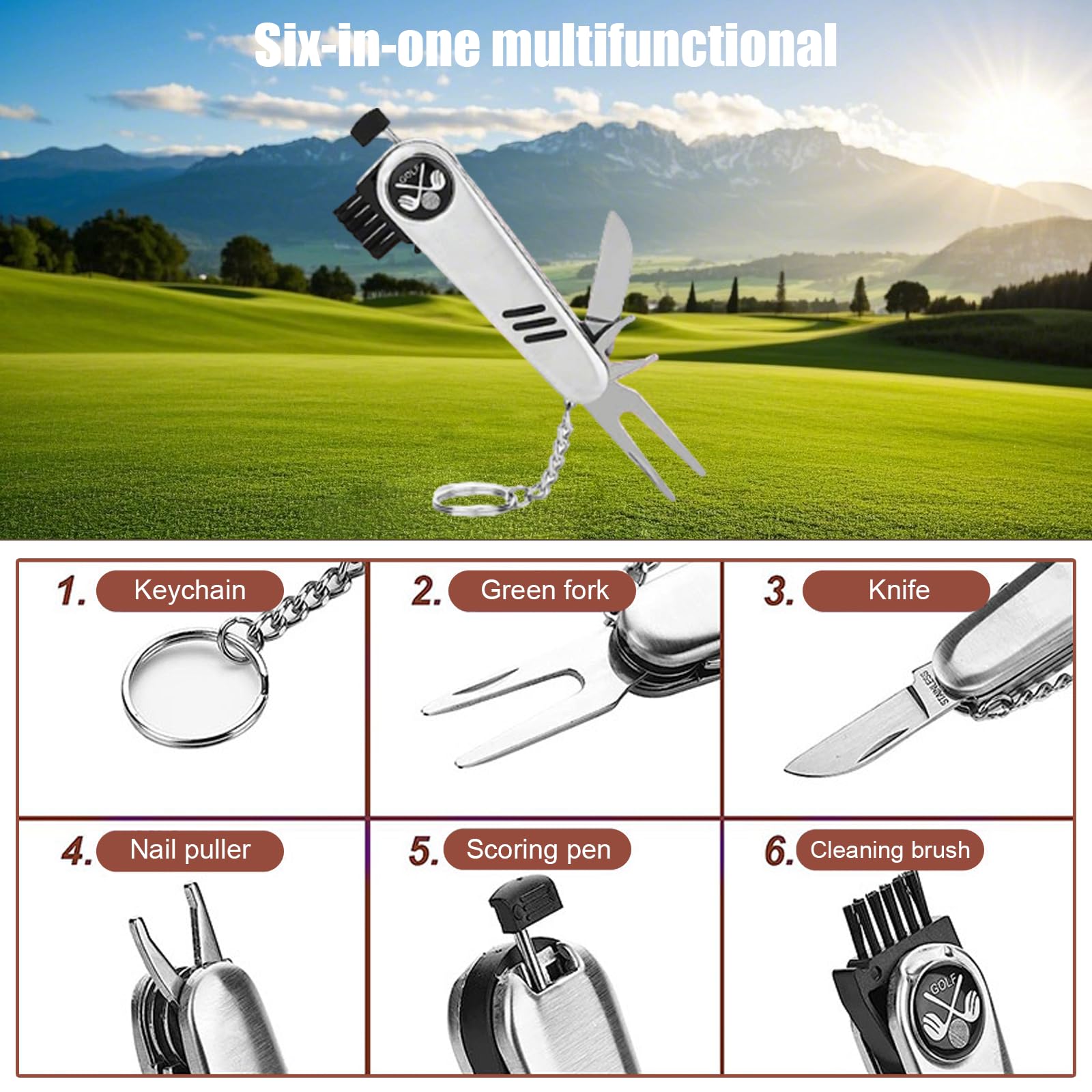 Kit Accessori da Golf Uomo Donna, Borsa Multifunzionale 7 in 1 con Tasca in PU, Regalo per Golfista Completo con Spazzola Pulizia, RaccogliPalle, Forchetta da Green