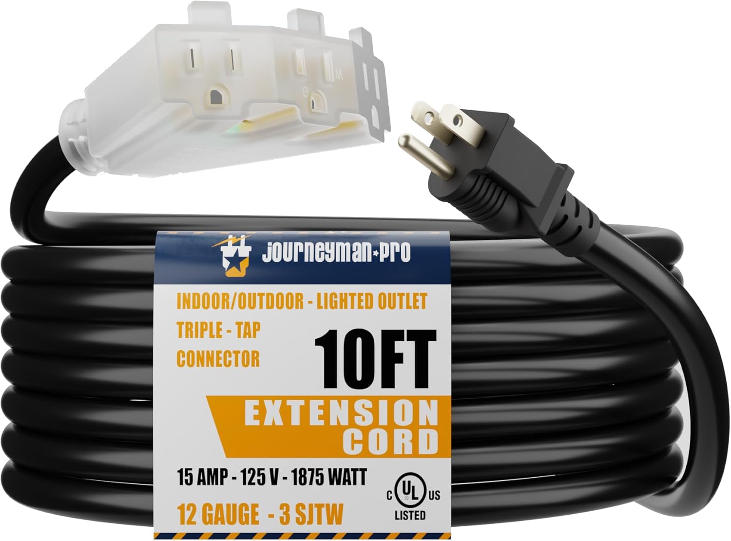 Lighted Outdoor Extension Cord 3 Electrical Power Outlets Fan Style by Journeyman-Pro 12/3 SJTW Heavy Duty Black Cable 3 Prong Grounded Plug 15 AMP | 2, 10, 25, 50 Foot (Black - 25 FT)
