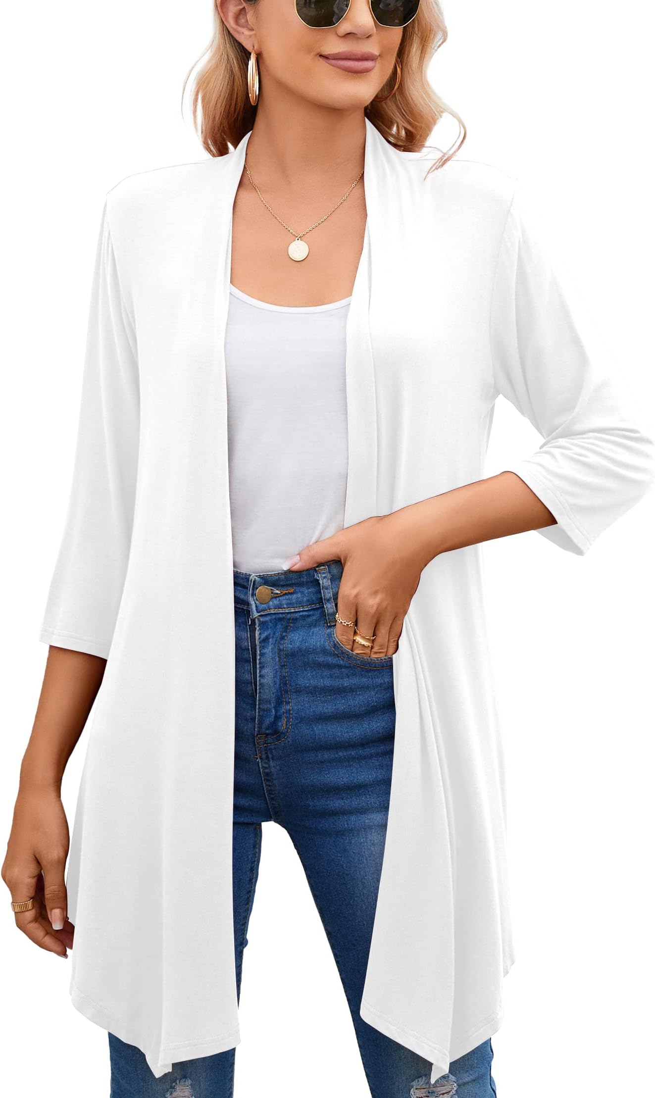 BettysaysWomen's Casual Lightweight 3/4 Sleeve Cardigan Soft Draped Open Front Cardigan Kimonos Duster