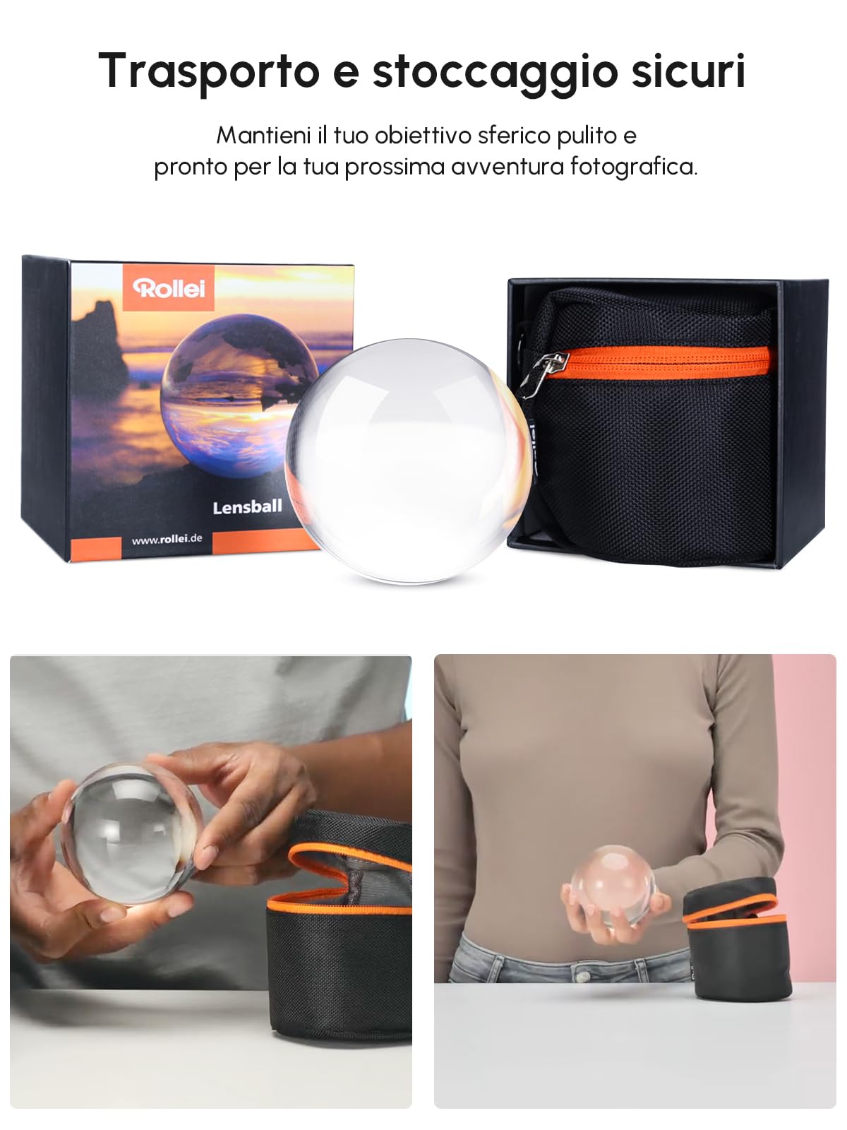 Rollei 22694 Lensball 110 mm i Sfera di Vetro i Sfera di Cristallo i Sfera della Foto con la Borsa di Stoccaggio & Panno di Pulizia in Microfibra per la Pulizia della Sfera di Vetro, Trasparente