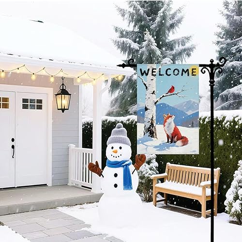 Miniatura 6 de Bandera de jardín cardenal de zorro de invierno de bienvenida para exteriores, pájaros rojos, abedules blancos, bandera decorativa de doble cara,