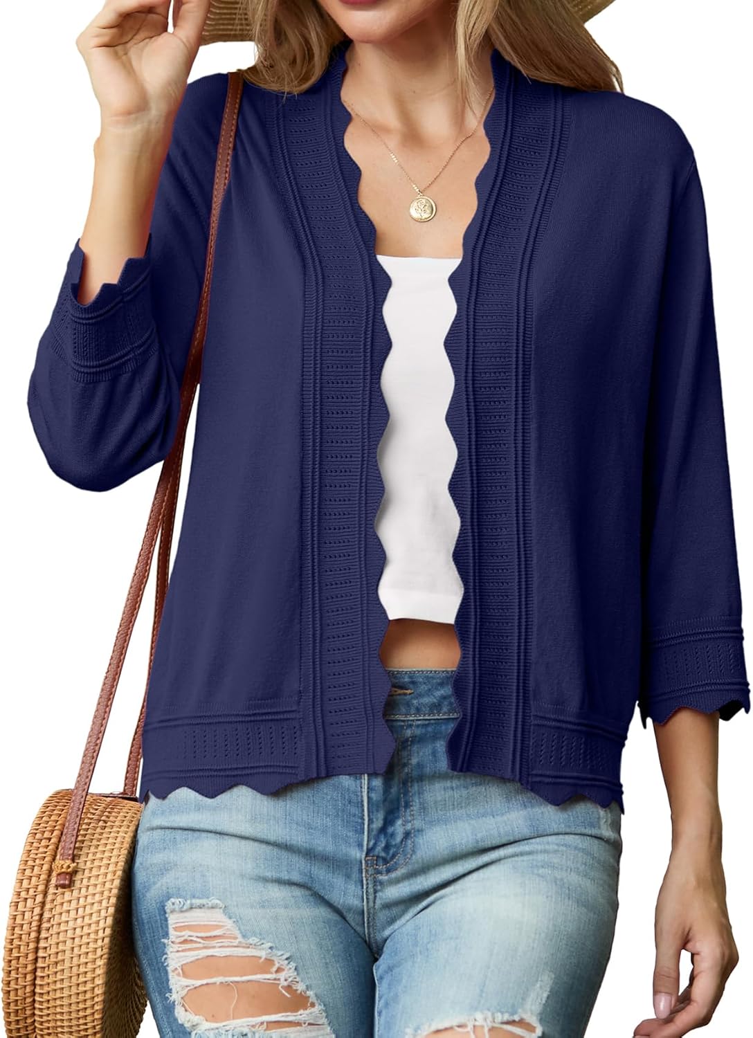 GRECERELLE Women Lightweight Summer Cardigan 3/4 Sleeve Open Front Scalloped Trim Knit Sweater Soft Cropped Bolero Shrug - Image 2
