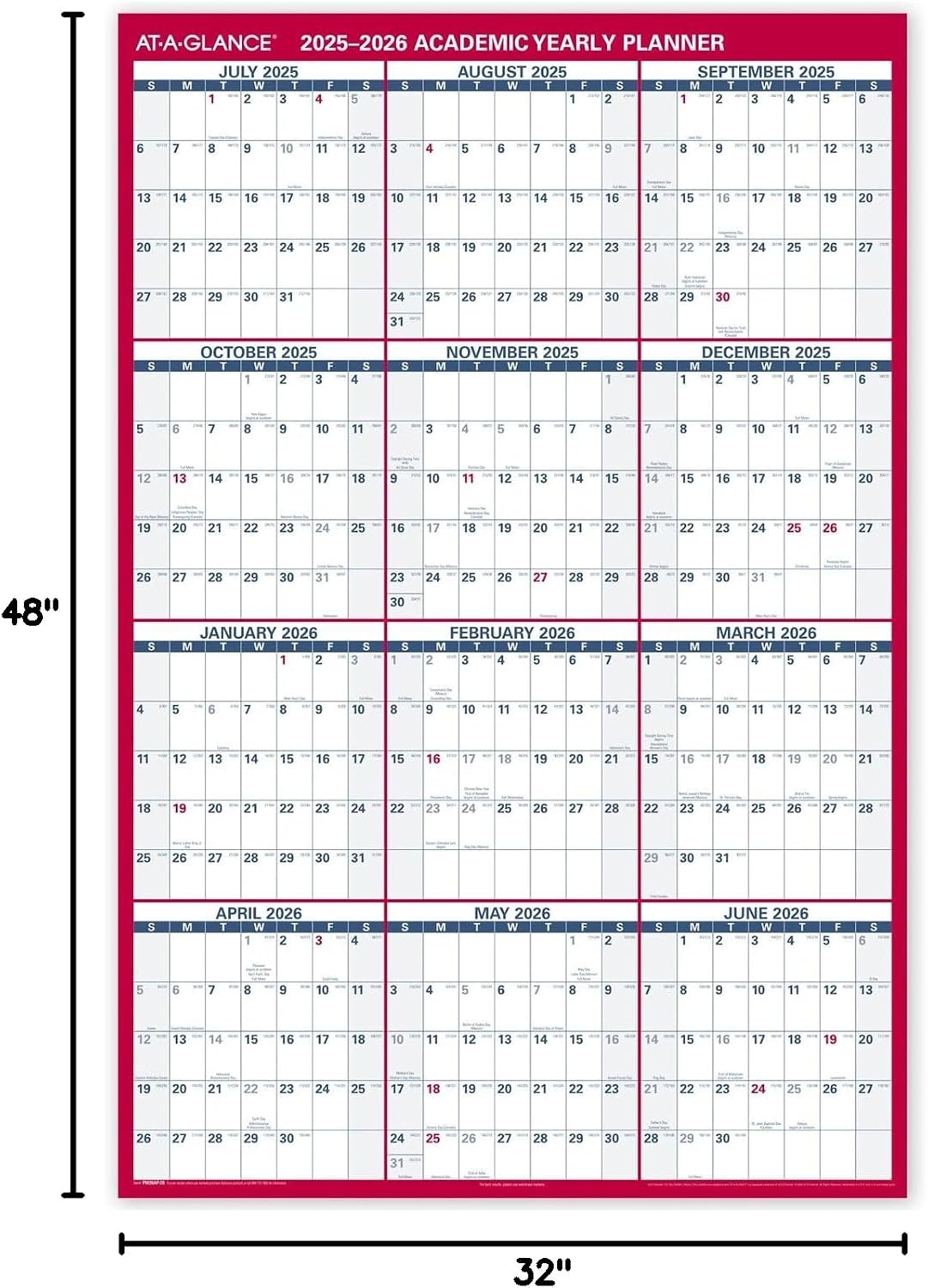 AT-A-GLANCE Erasable Calendar 2025-2026, Dry Erase Wall Planner, 48" x 32", Extra Large, Academic Year, Double Sided, Horizontal/Verical (PM36AP28)