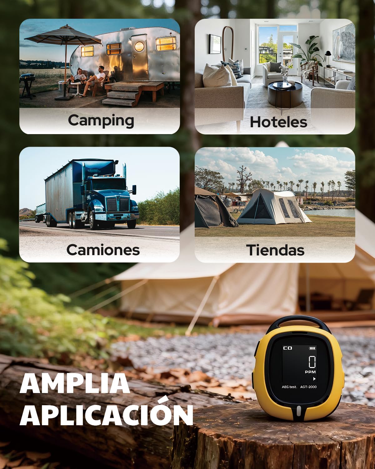 AGT-2000 Detector Portátil de Monóxido de Carbono para Viajes, 240 H en Espera, Detector CO con Alertas Audibles y Visuales, Recargable, con Linterna de Emergencia Integrada