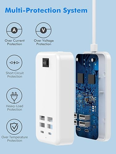 Miniatura 5 de Flymic - Cargador USB, estación de carga USB de 6 puertos para múltiples dispositivos, tira de alimentación USB, bloque de carga USB C, concentrador