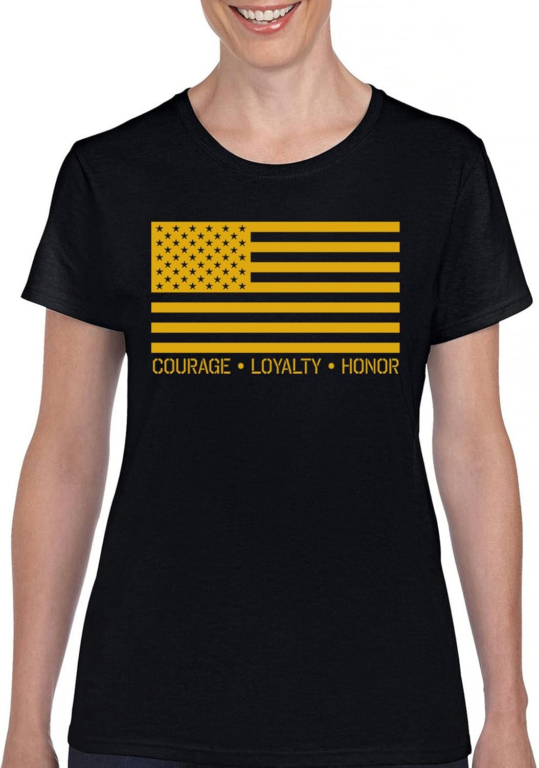 American Flag Courage Loyalty Honor T-Shirt USA Military Proud Army Veteran's Day DD 214 RED Friday Women's Tee