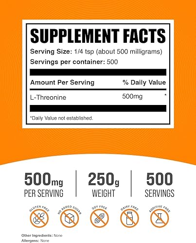 Miniatura 2 de BULKSUPPLEMENTS.COM L-Threonine Powder - Suplemento de aminoácidos, para apoyo inmunológico, sin sabor, sin gluten, 500 mg por porción, 500
