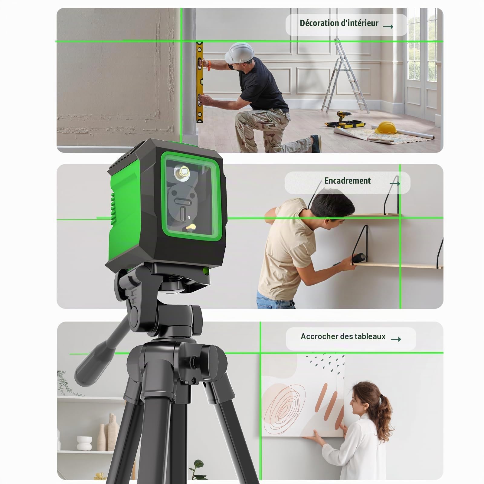 Niveau Laser 360° avec Trépied de 127 cm, Lignes Croisées Auto-nivelantes Vertes, Outil Laser Horizontal et Vertical pour Accrocher des Tableaux, Rénovation Domicile – Piles AA et Pochette incluses