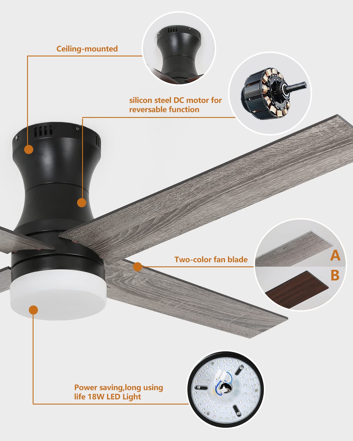 NEWHCTE Black Ceiling Fan w/Lights, Dimmable 3 Color Lights & 6 Speed, Low Profile 4 Blades Ceiling Fan w/Remote, Reversible 2 Colors Blades, Timing 1/2/4 Hrs, Easy to Install