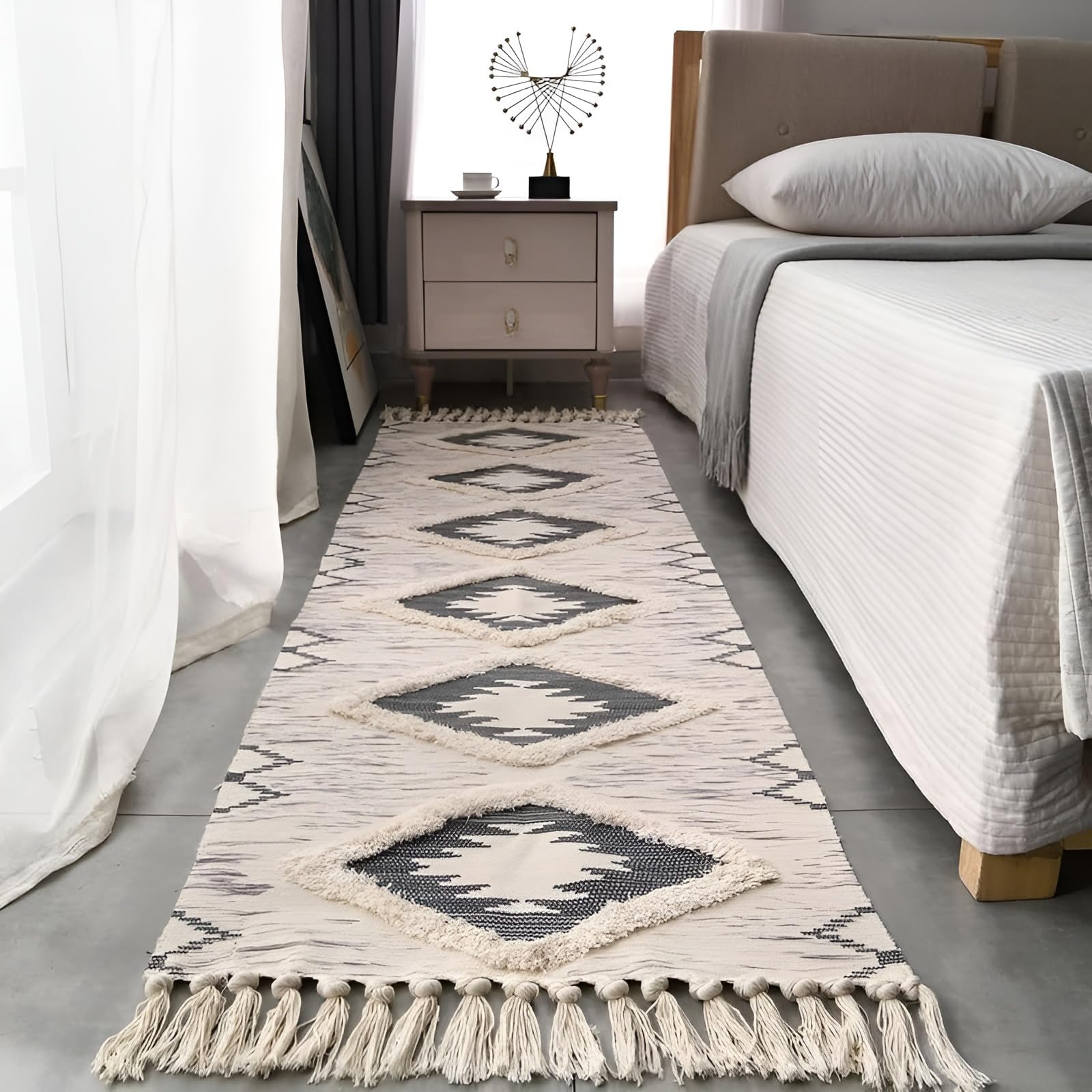 hand woven natural soft cotton bedside runner rug carpet with tassels for home living room kitchen entryway size 2x5 feet or 60 cms x 152 cms