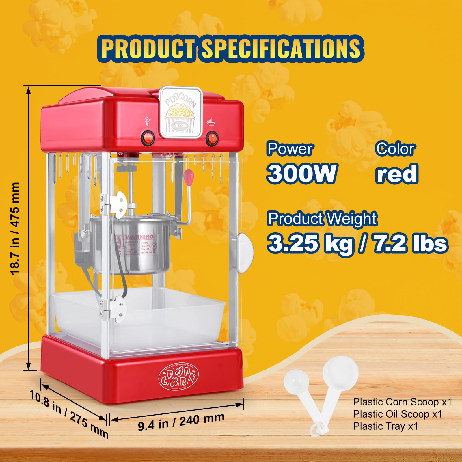 VEVOR Maszyna do popcornu, maszyna do popcornu 300 W, waga 3,25 kg, czajnik 0,07 kg, 3,78 kg na partię, stołowa maszyna do popcornu z drzwiami, w zestawie 2 łyżki tacy, styl teatralny, czerwony