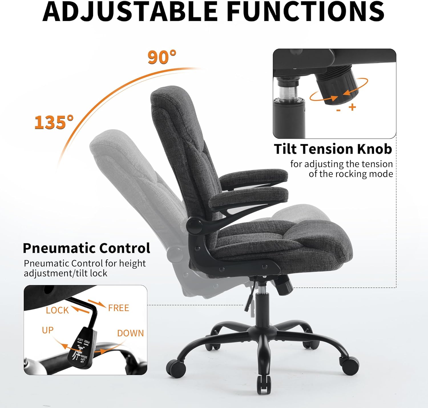 Home Office Ergonomic Desk Chair - Comfy Fabric Executive Chair with Flip-Up Armrests, Height Adjustable Computer Chair for Gaming, 360° Swivel & Rocking (Grey)