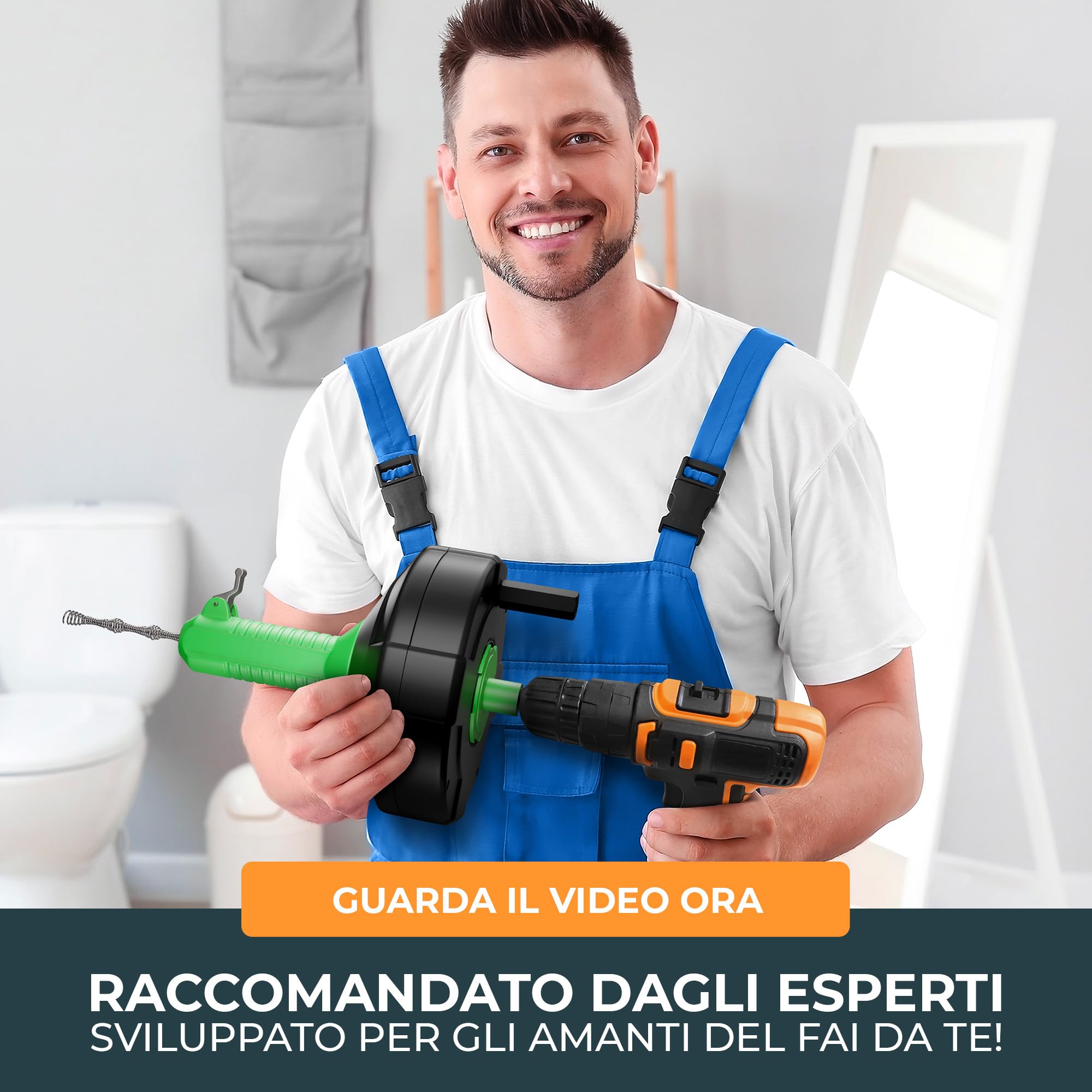 Meisterfaktur Sonda Sturatubi per Pulizia [15M] - Funzione Automatica - Molla Stura Tubi Ideale con Alimentazione Automatica - Sonda Idraulica Stura Lavandini e Scarichi per Amanti del Fai da Te!