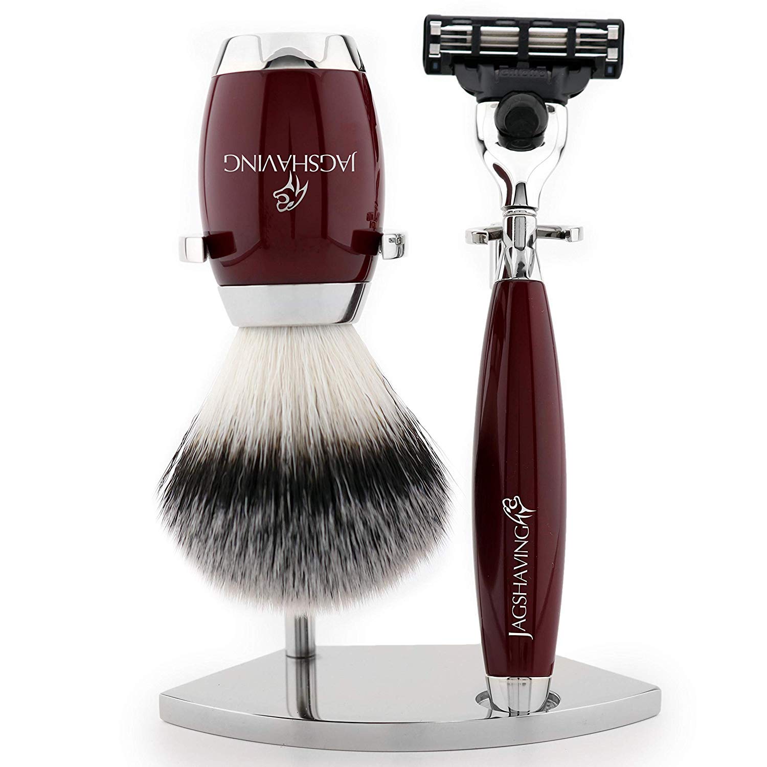 JAG SHAVING Synthetische Haarbürste Dreikant Rasierklingen Set mit Stahlschale und Ständer passend für beide Herren und Damen