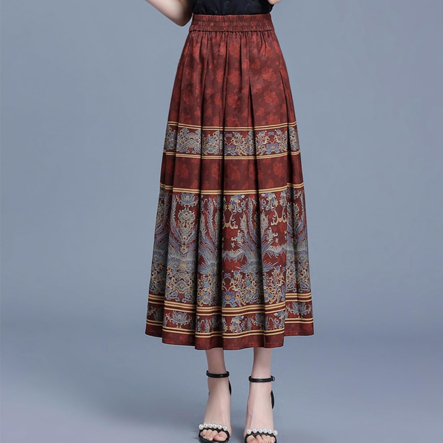 Spring Chinese-Style Pleated Skirt with Horse face Design.