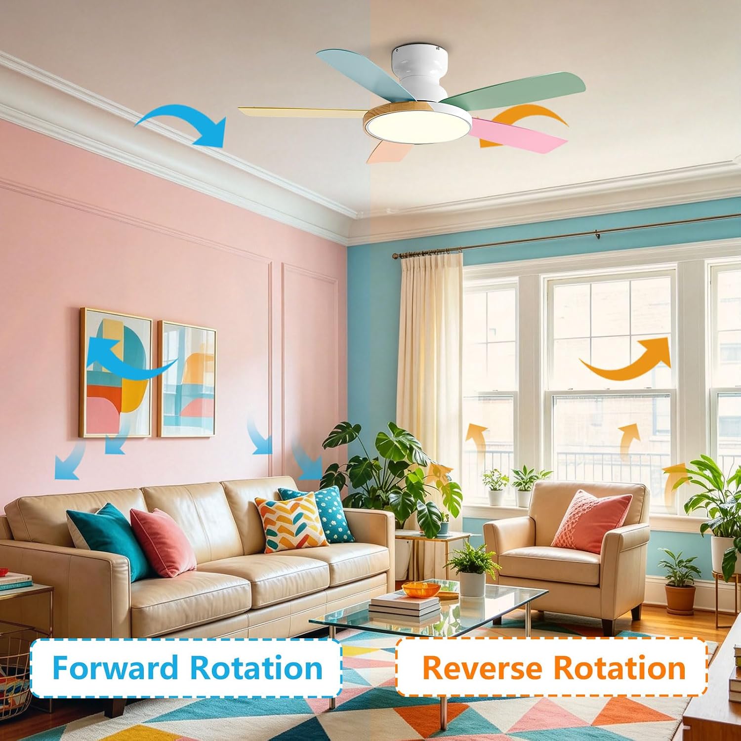 Modern Ceiling Fan with Light 5 Colorful Blades, 6-Speed Quiet Ceiling Fans with Lights and Remote for Bedroom Living Room Patio Low Profile Flush Mount Ceiling Fan Light