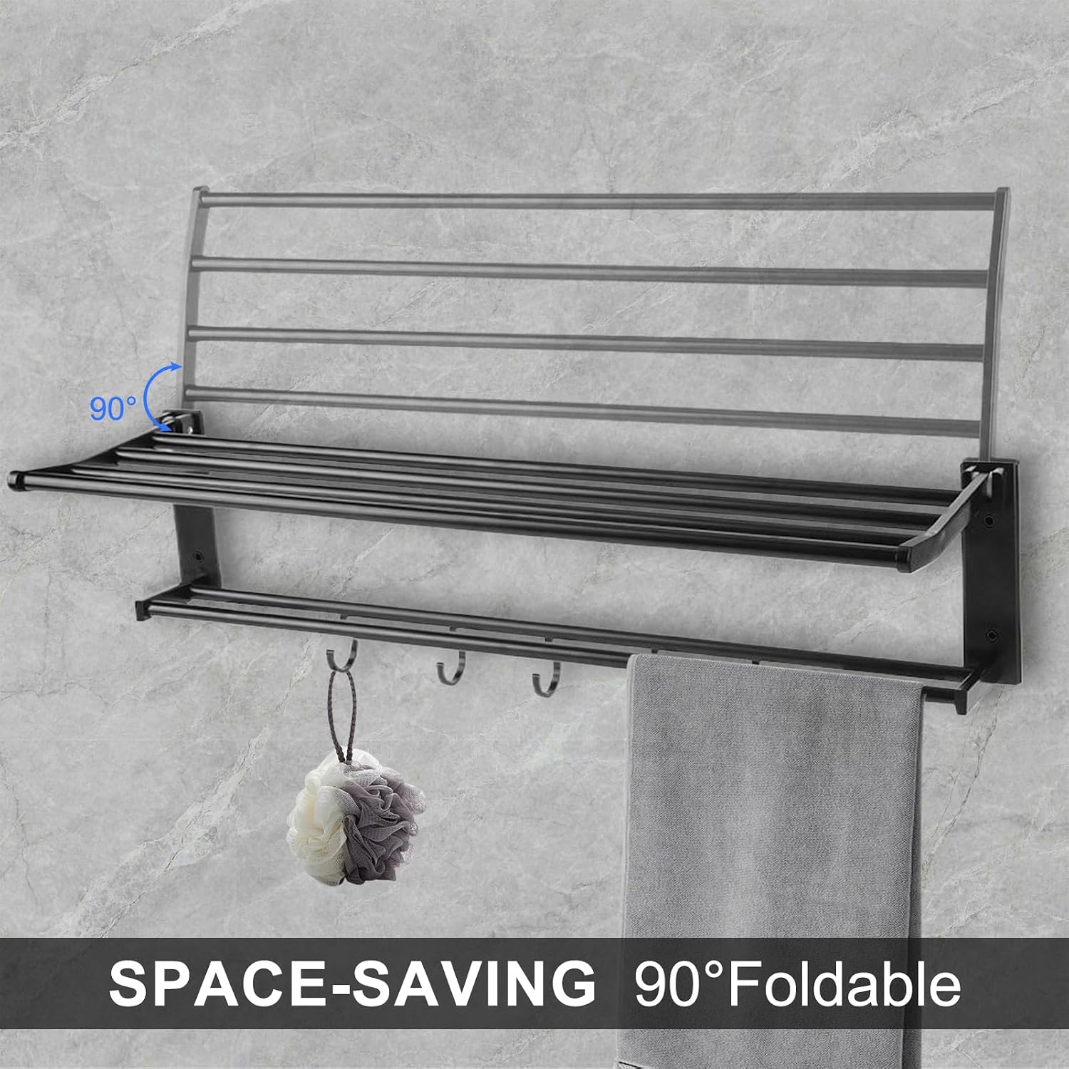 Towel Racks for Bathroom Wall Mounted, 24 Inch Foldable Towel Holder with 5 Movable Hooks,Rustproof Towel Organizer for Bathroom Lavatory Hotel Bath Matte Black