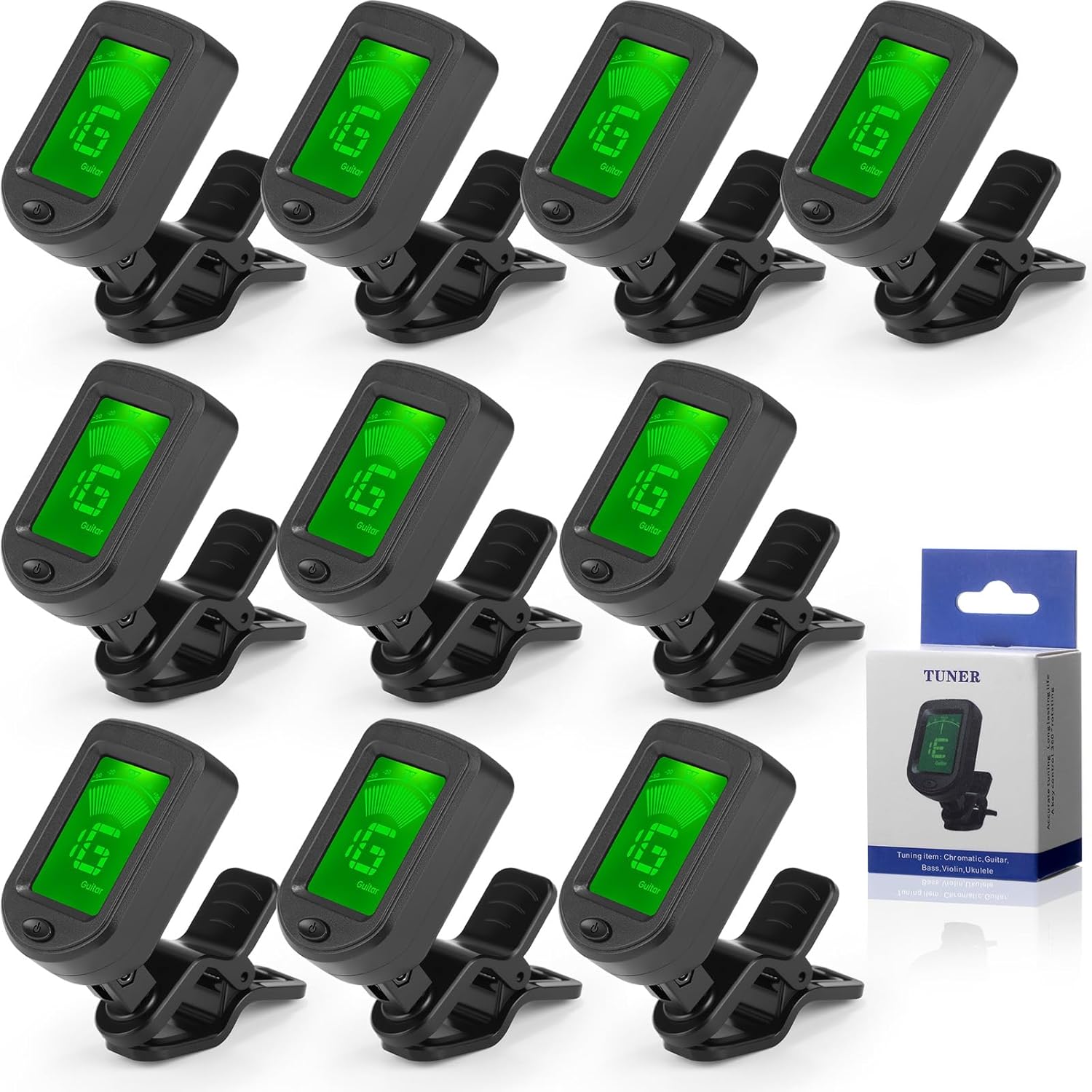 Boao 10-Pack Clip-On Guitar Tuner with Chromatic Modes and LCD Display for Acoustic, Electric Guitar, Ukulele, Bass, Violin, Banjo, Mandolin