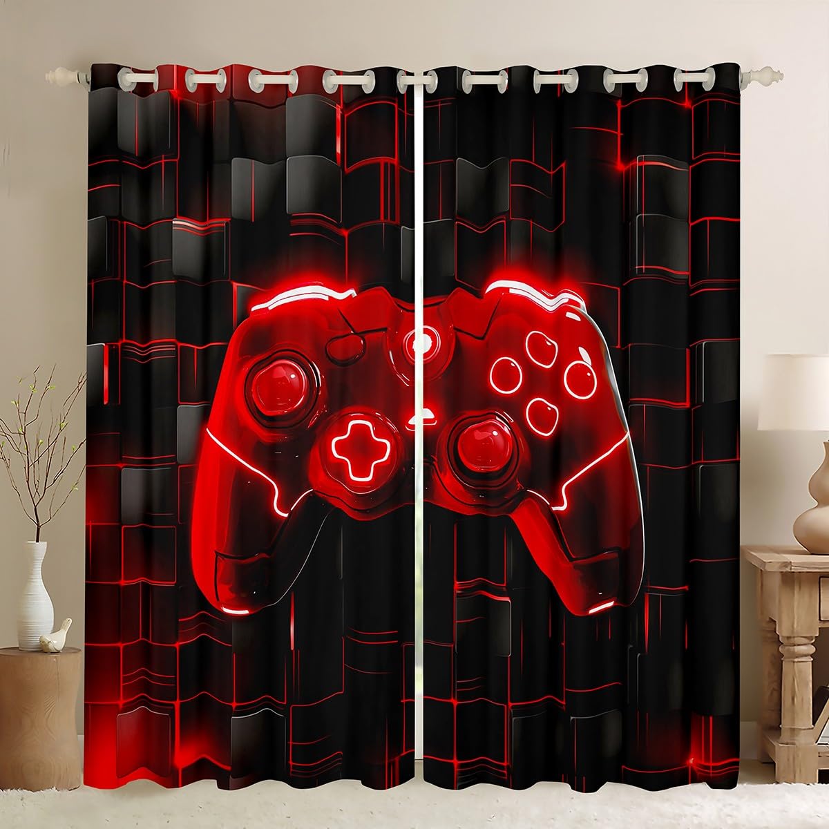 Manfei Kids Games Blackout Curtain Red Gaming Window Drapes for Boys Girls Teens Room Decor, Black Video Gamer Controller Window Treatments, Grommet Top 2 Panel Set Bedroom Curtains, 46Wx54L inch โ image 1