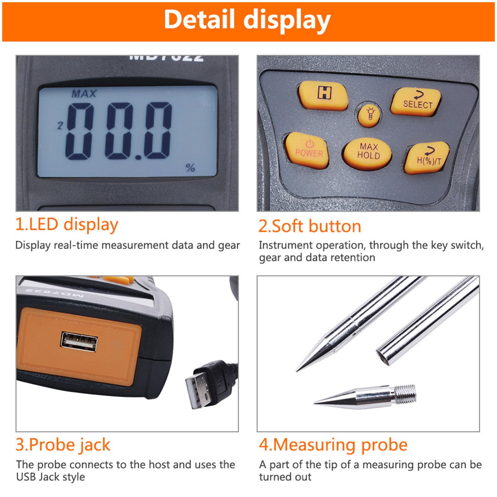 Medidor de humedad con sensor de sonda dual, probador de humedad digital con pantalla LCD retroiluminada para 14 variedades, incluidos trigo, maíz y arroz