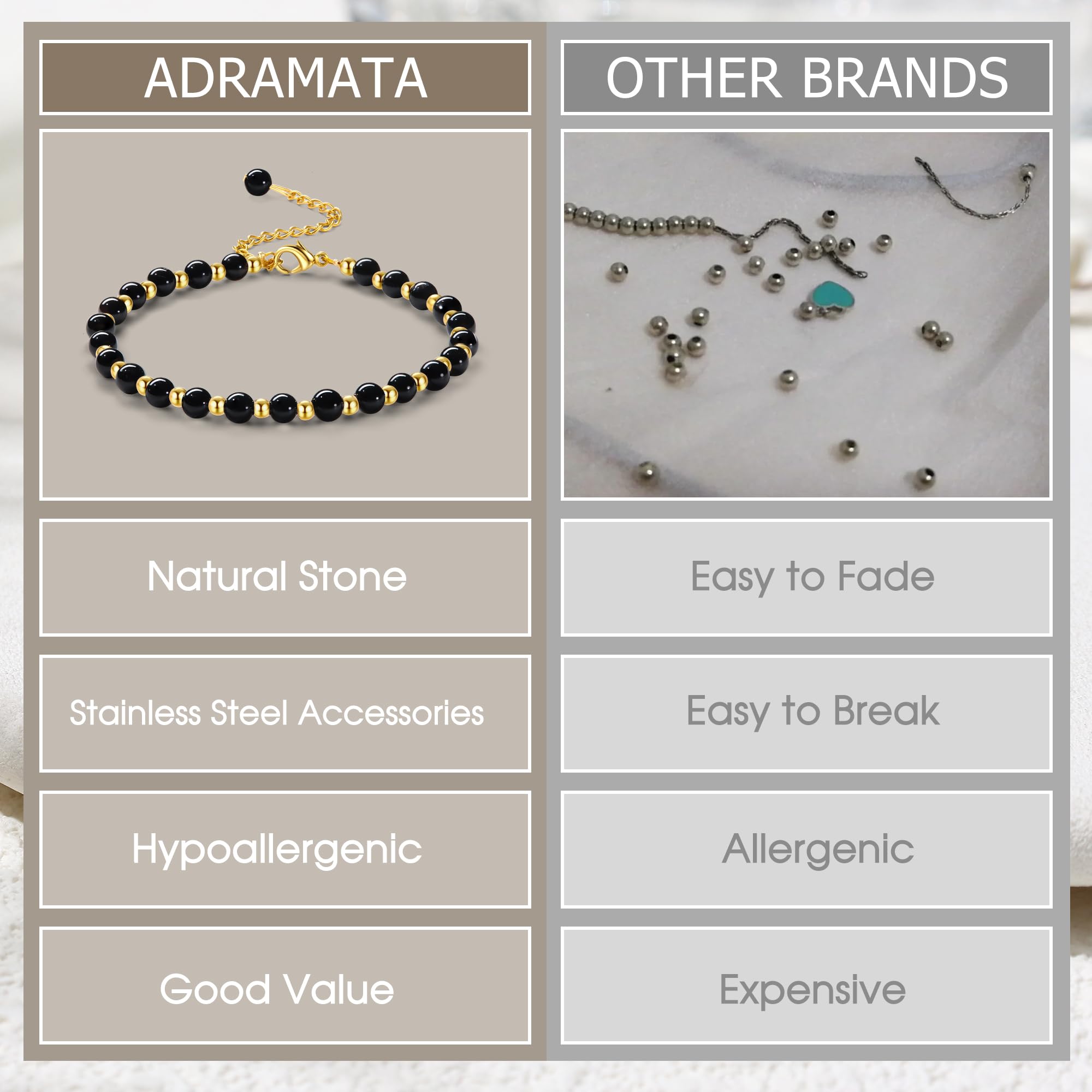 YCTTKDD Pulseras de Cuentas para Mujeres y niñas: Piedra Natural de 5 mm, Cuentas de Acero Inoxidable de 3 mm, joyería Boho de Cristal chapada en Oro Ajustable con Caja de Regalo