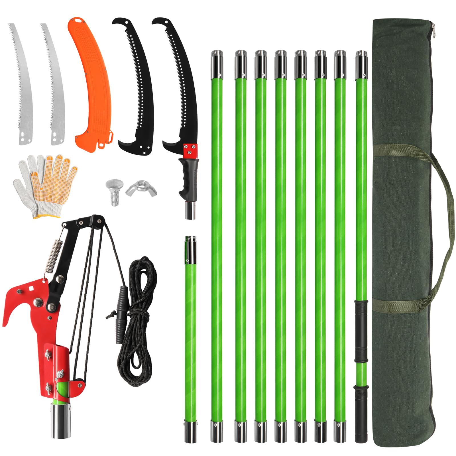 Bonnlo 26/30FT Pole Pruning Saw, Adjustable Manual Pole Saw Trimmer, Pole Saws for Tree Trimming with Carry Bag and Sturdy Pole, Garden Tools for Palm Oak High Branches (Green, 30FT)