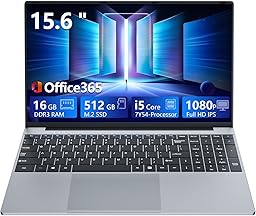 15,6 Pouces Ordinateur Portable avec Core i5 7Y54 Processeur, 16 Go RAM et 512 Go SSD, Win 11 Office 365 PC Portable 1920*1080 IPS FHD Écran, Laptop avec Clavier Rétroéclairé WIFI5 Mini-HDMI USB3.0