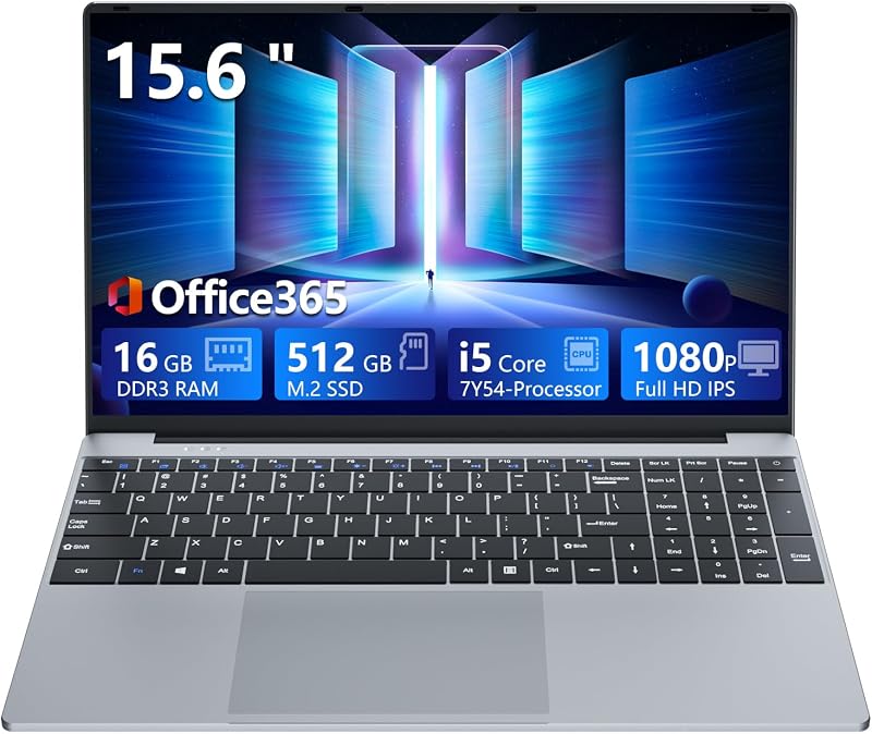 15,6 Pouces Ordinateur Portable avec Core i5 7Y54 Processeur, 16 Go RAM et 512 Go SSD, Win 11 Office 365 PC Portable 1920*1080 IPS FHD Écran, Laptop avec Clavier Rétroéclairé WIFI5 Mini-HDMI USB3.0