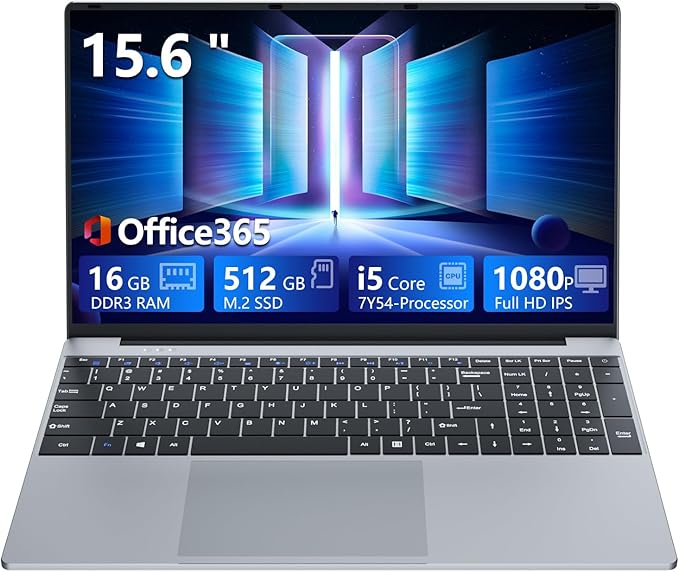 15,6 Pollici Notebook Core i5 7Y54 Processore, 16GB RAM 512GB SSD, Office 365 PC Portatile 1920*1080 FHD Schermo, Win11 Laptop Mini-HDMI USB3.0 Computer Portatile Tastiera Numerico Retroilluminata
