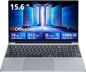 15.6 Inch Notebook Core i5 7Y54 Processor, 16 GB RAM 512 GB SSD, Office 365 Laptop PC 1920 x 1080 FHD Screen, Win11 Laptop Mini-HDMI USB3.0 Laptop Computer Backlit Numeric Keyboard