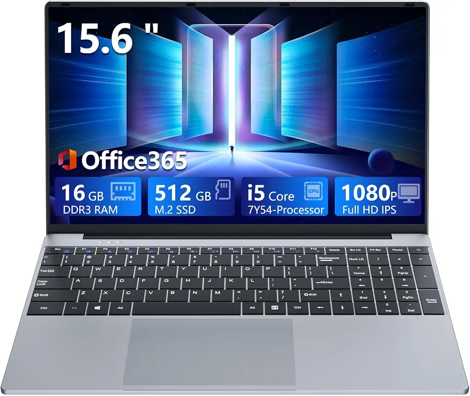 لابتوب 15.6 انش مع معالج كور i5 7Y54، ذاكرة RAM 16GB وSSD 512GB، ويندوز 11 اوفيس 365، شاشة 1920×1080 IPS FHD، لابتوب مع كيبورد باضاءة خلفية، واي فاي 5 ميني HDMI USB3.0