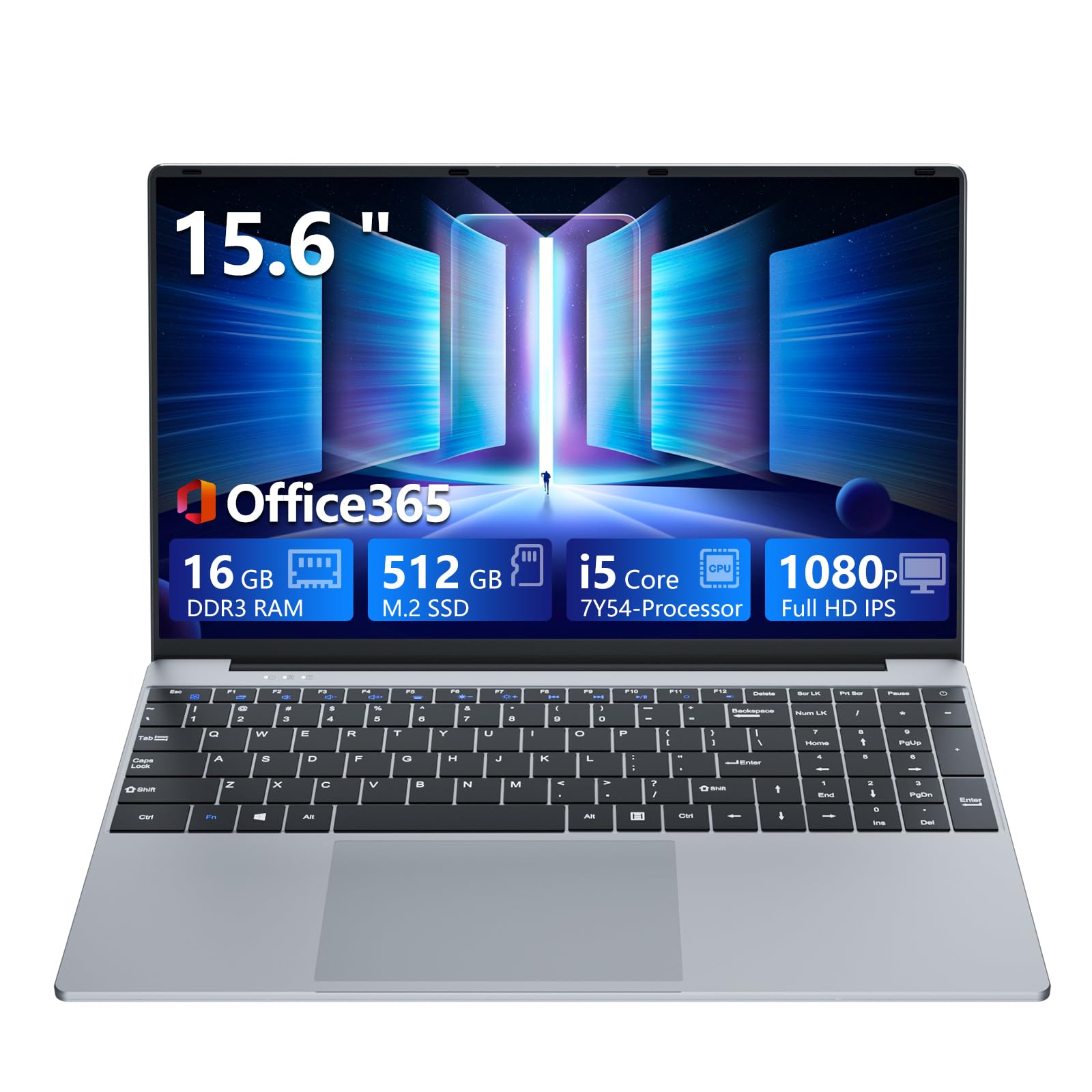 15,6 Pouces Ordinateur Portable avec Core i5 7Y54 Processeur, 16 Go RAM et 512 Go SSD, Win 11 Office 365 PC Portable 1920*1080 IPS FHD Écran, Laptop avec Clavier Rétroéclairé WIFI5 Mini-HDMI USB3.0