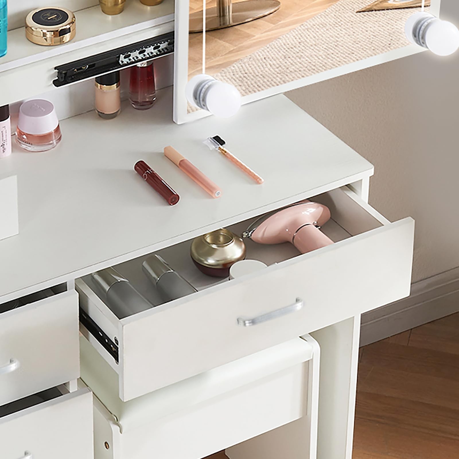 Tocador de Maquillaje con Luces y Espejo, 3 Modos de luz, Tocador con Taburete y 6 Cajones + 6 Estantes, MDF Blanco para Dormitorio, 80x36x130 cm