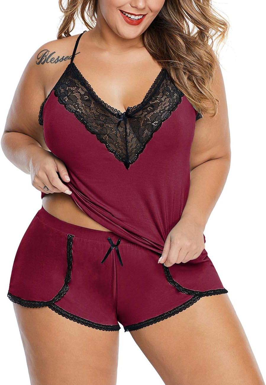 XAKALAKA Women Plus Size Pajamas Cami Shorts Set Nightwear Sexy Lace Lingerie Sleepwear at  Women’s Clothing store