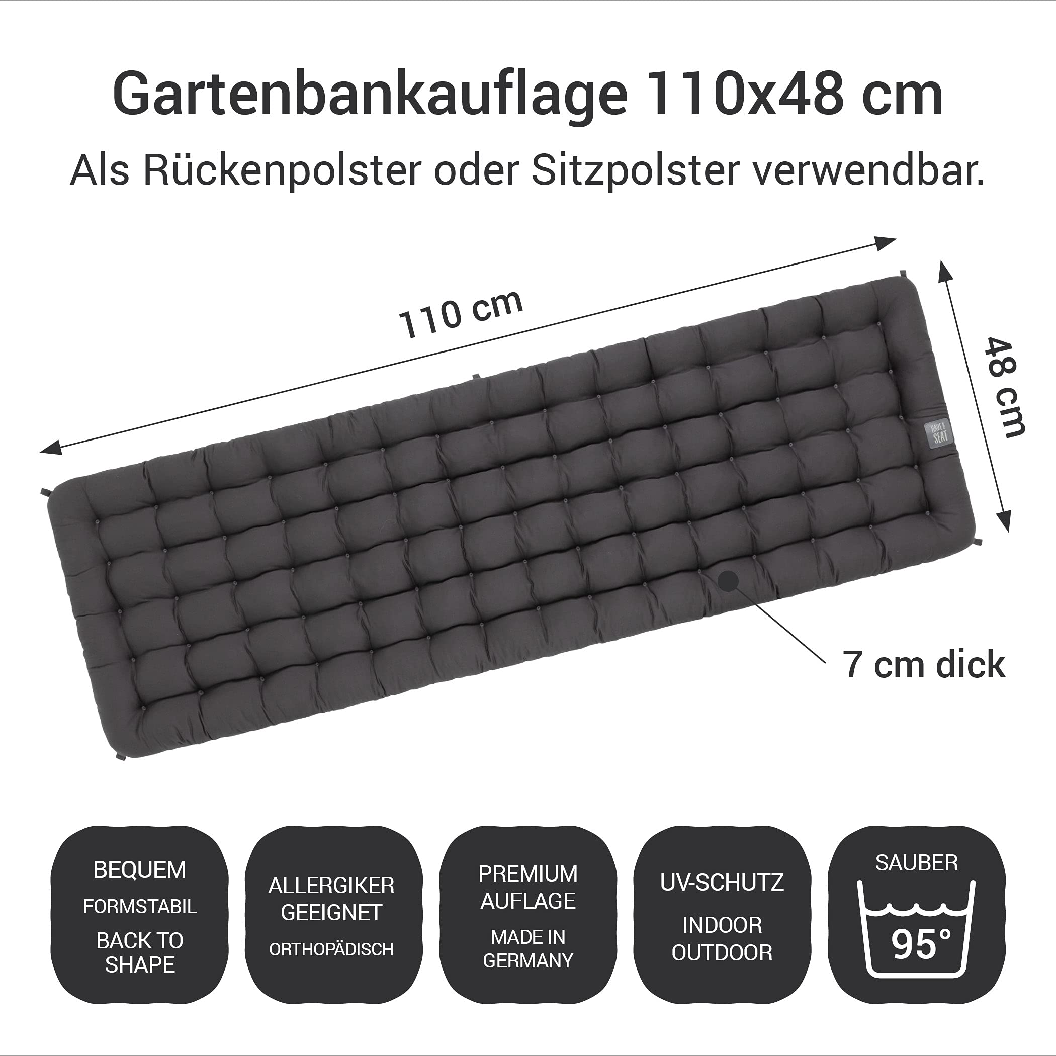 Gartenbank Auflage mit Rückenteil 110 cm - Bequemes Gartenbankauflagen Set - Waschbar bis 95°C, Orthopädisch, Wetterfest - Made in Germany (2X 110x48 cm, Grau/Anthrazit)