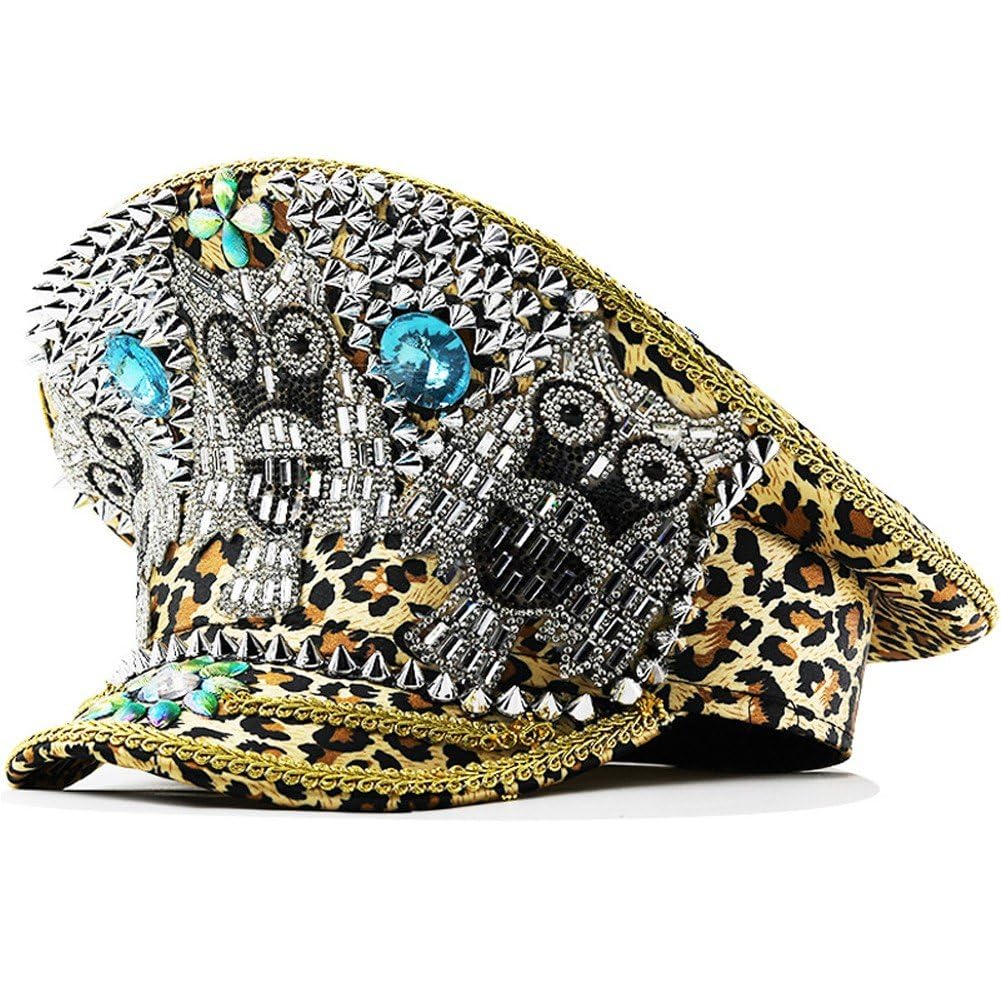 Keuyeo Leopard Rivet Marine Hat Glitter Hat Sequin Rhinestone Hat Rhinestones Studded Cosplay Hat Steampunk Caps for Women Girls