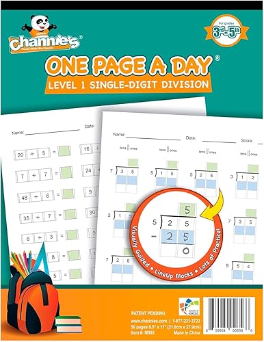 Channie's Libros de trabajo de una página al día de un solo dígito nivel 1 para principiantes de división visual para enseñanza y aprendizaje de