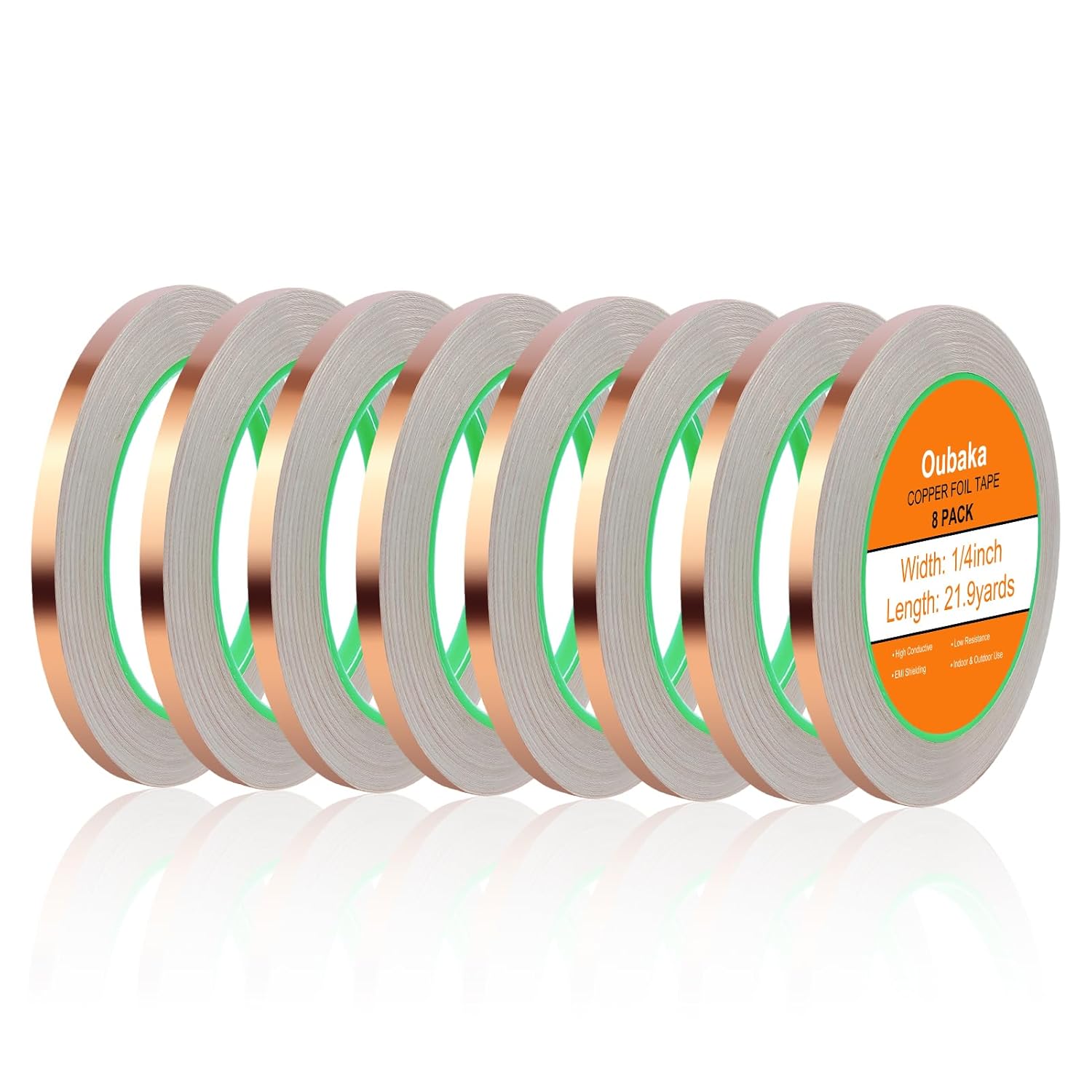 Oubaka 8 Pack Copper Foil Tape,Copper Tape,Double-Sided Conductive Adhesive for Guitar Repairs,EMI Shielding,Paper Circuits,Electrical Repairs,Grounding,Stained Glass,Crafting,Garden(1/4" x21.9yards)