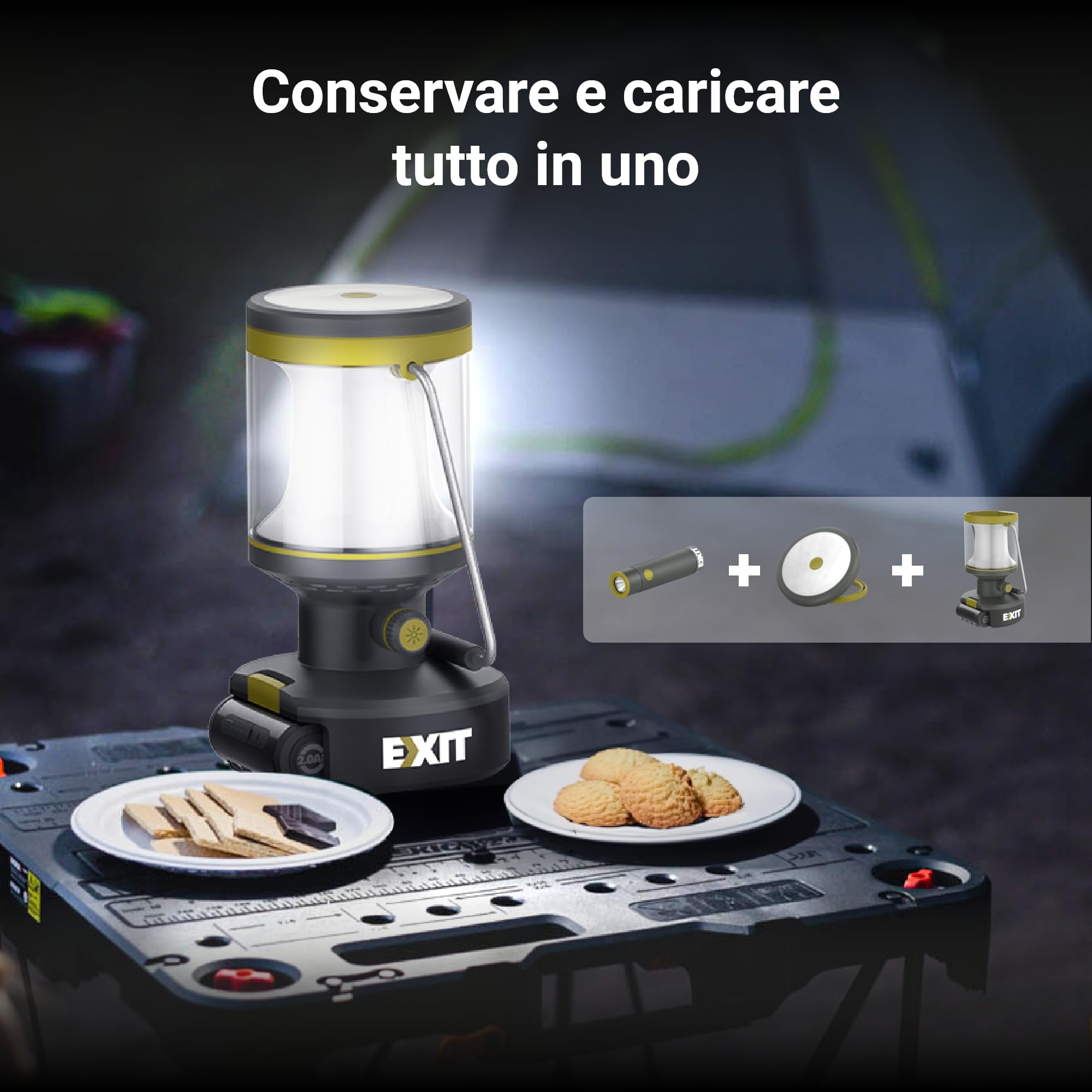 EXIT EX003 Lampada LED Ricaricabile 20V 3 in 1 con Torcia, Batteria 2,0Ah | Lanterna multifunzione ideale per campeggio, caccia, emergenze e lavoro. Luce LED potente con batteria da 2,0 Ah inclusa.