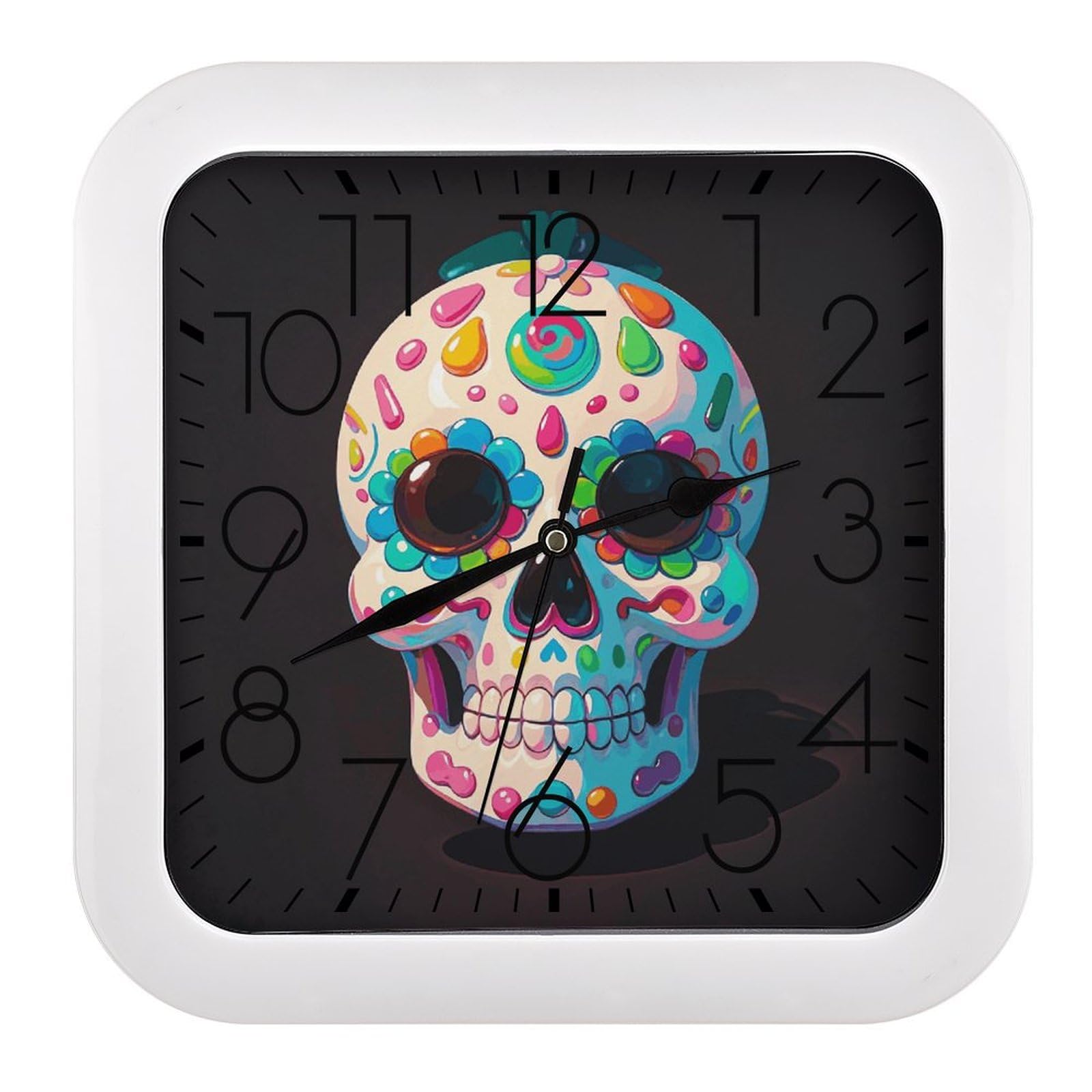 Horloge murale carrée silencieuse et précise avec motif crâne