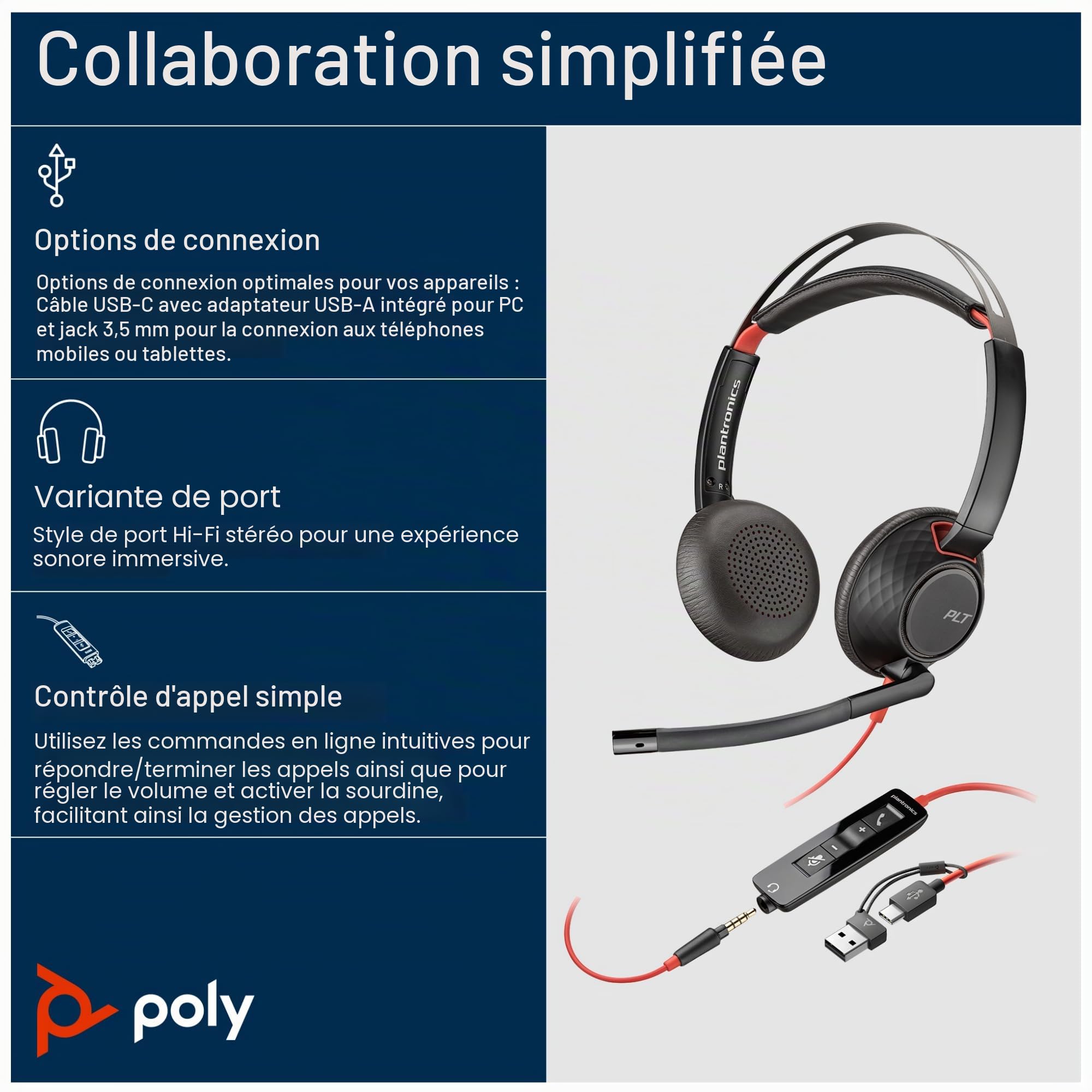 POLY Cuffie stereo Blackwire 5220 con connettore USB-C + spina da 3,5 mm + adattatore USB-C/A