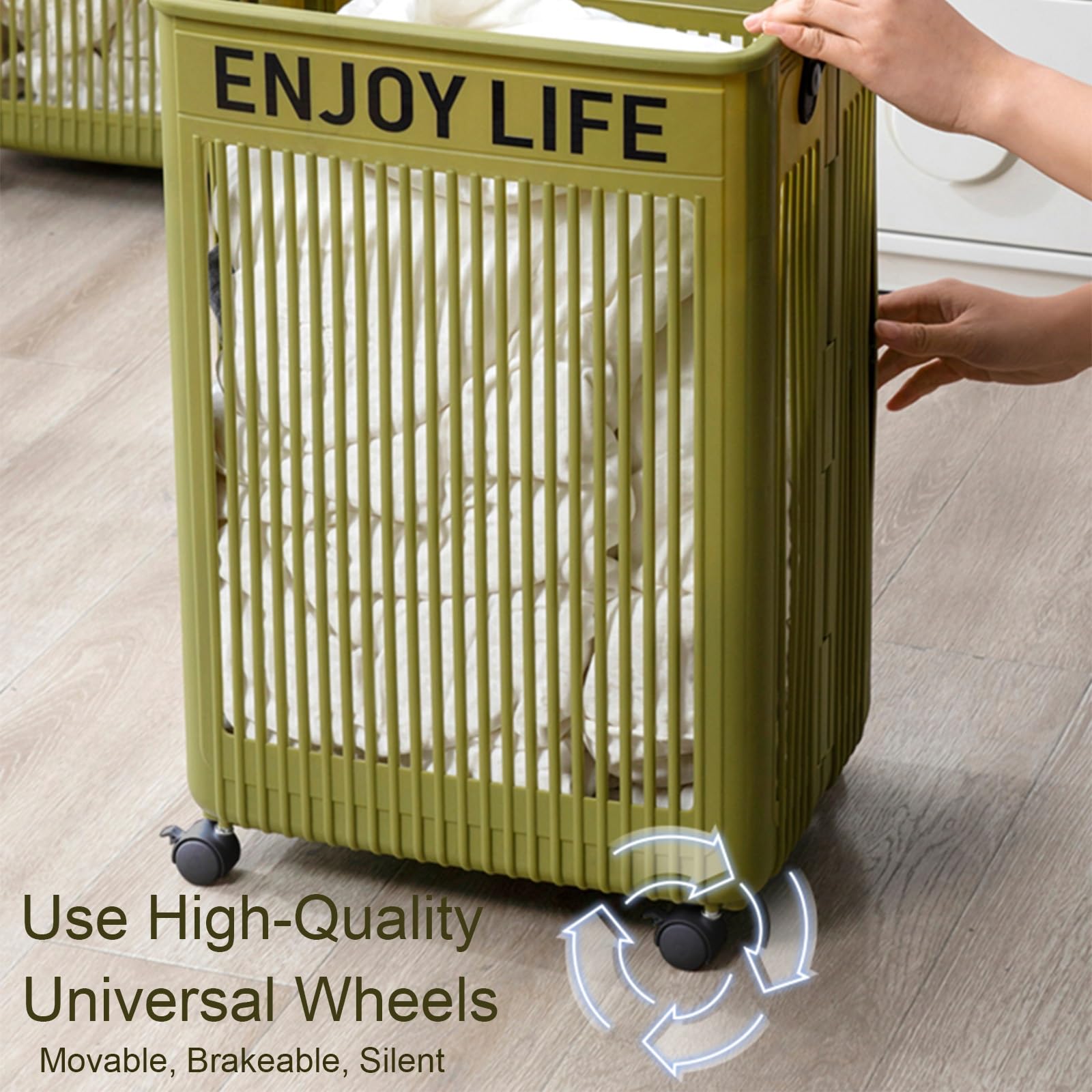 Cubos Ropa Sucia Decorativo Hueco, Enrollable Cesto Ropa Sucia con Ruedas, Cesta Plegable Colada con Asas para Guardar en El Baño(Green,Large)